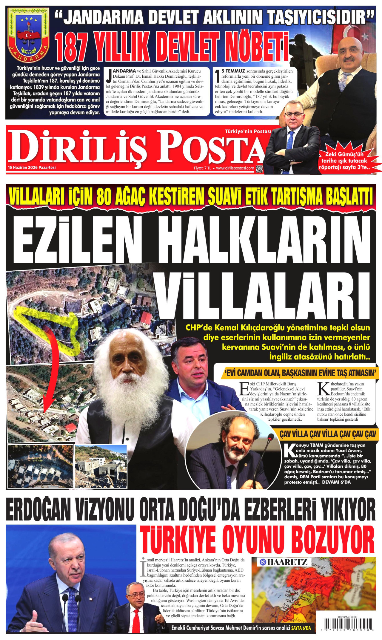 DİRİLİŞ POSTASI gazetesinin 15 Haziran 2026 tarihli birinci sayfası
