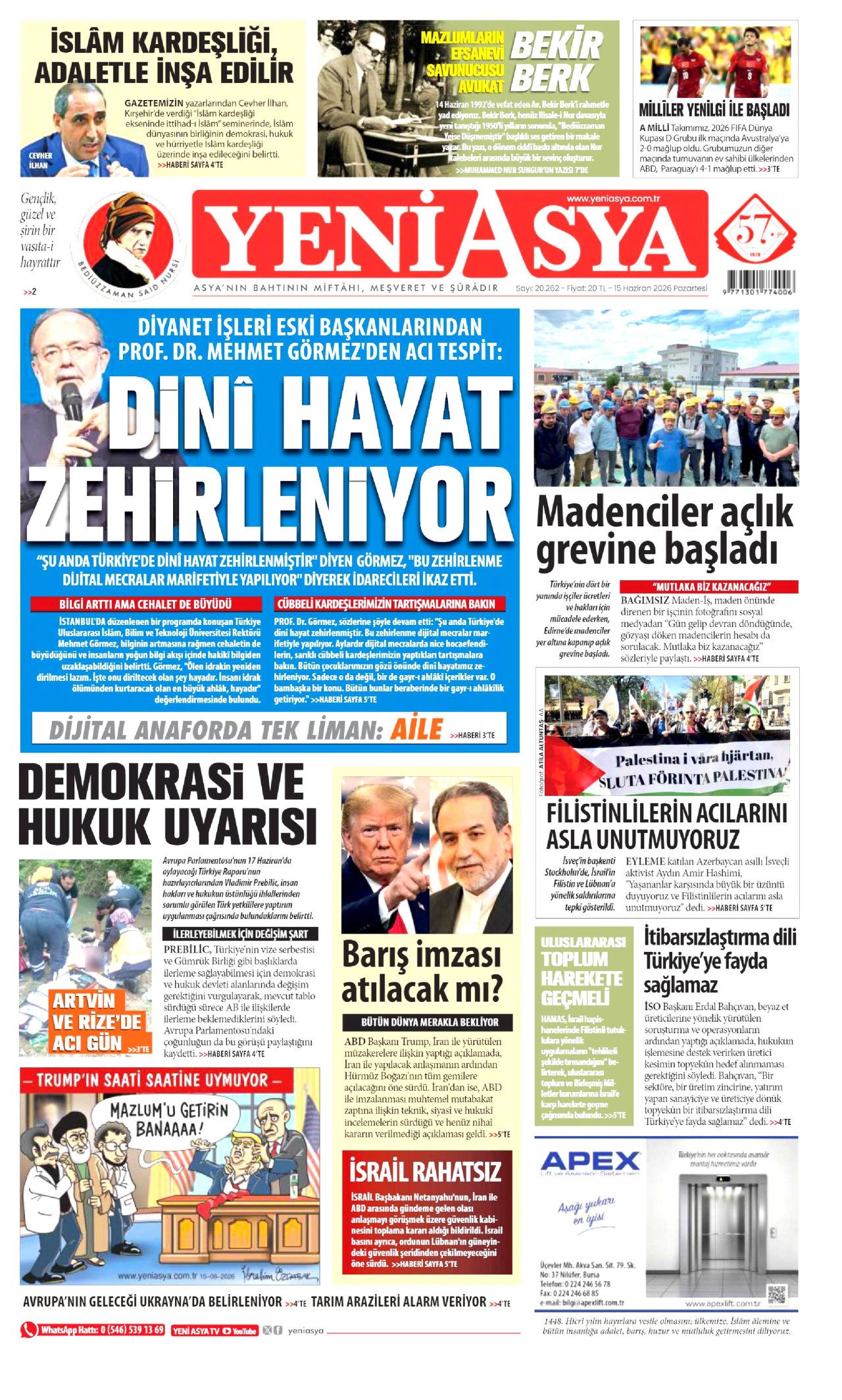 YENİ ASYA gazetesinin 15 Haziran 2026 tarihli birinci sayfası