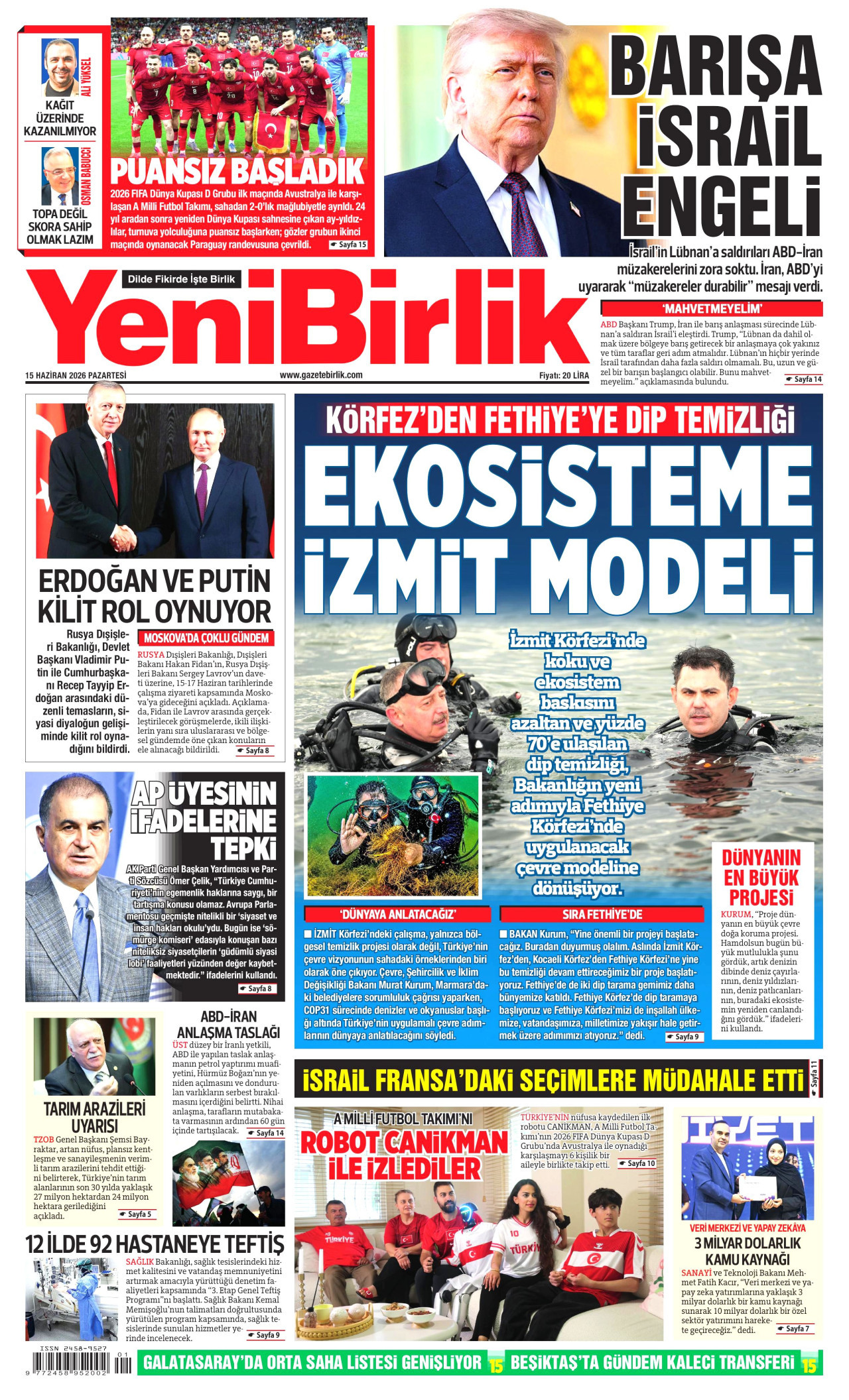YENİBİRLİK gazetesinin 15 Haziran 2026 tarihli birinci sayfası