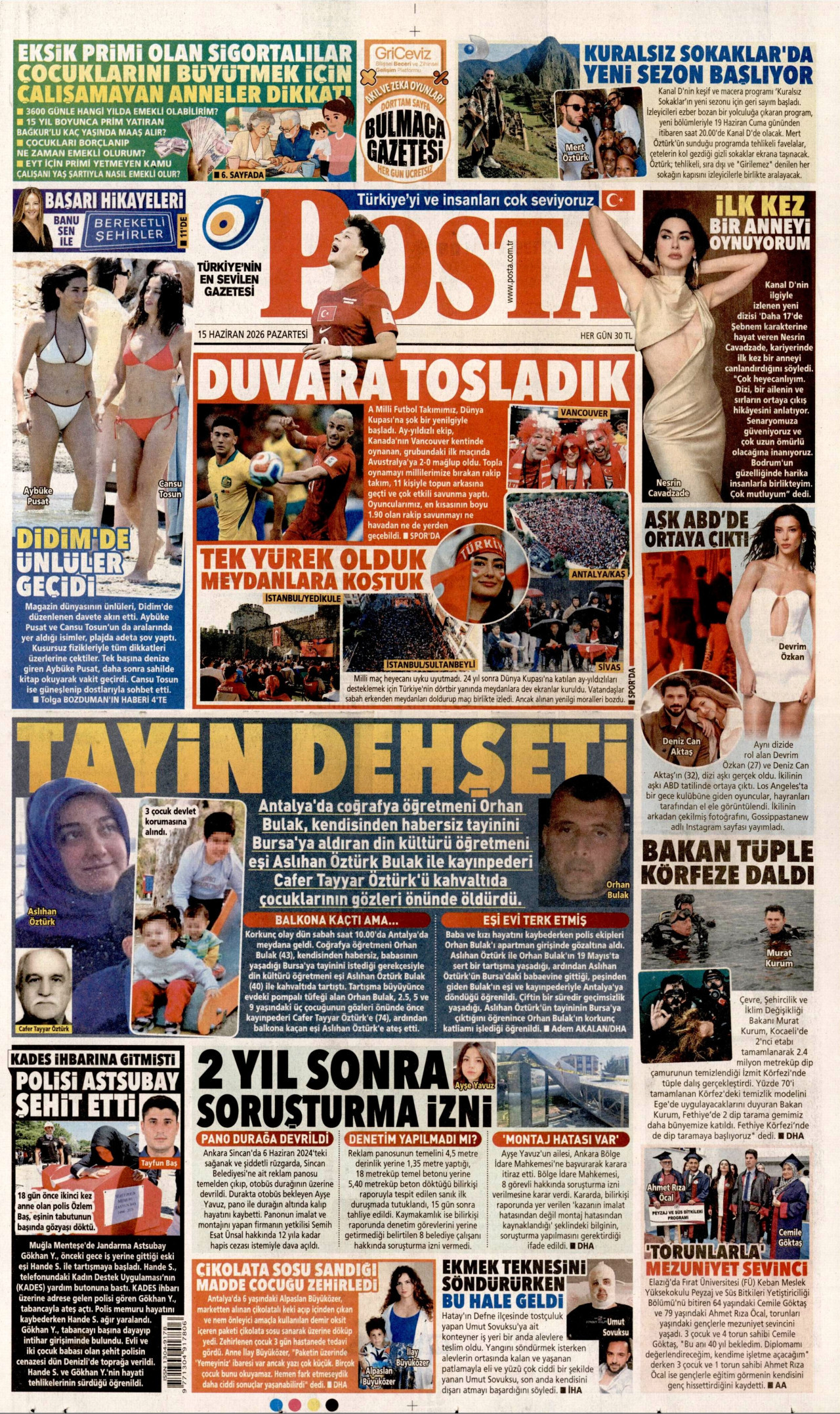 POSTA gazetesinin 15 Haziran 2026 tarihli birinci sayfası