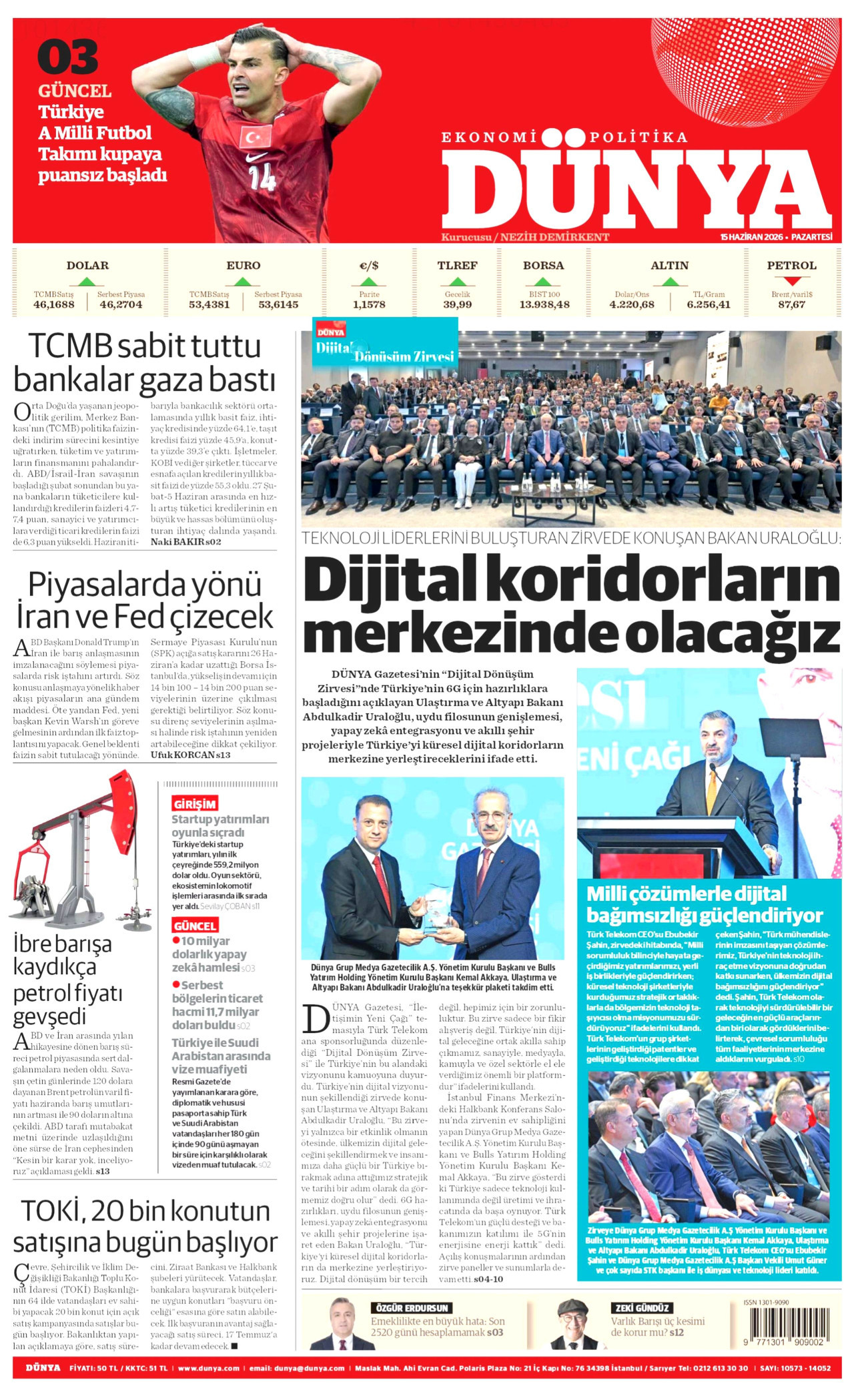 DÜNYA gazetesinin 15 Haziran 2026 tarihli birinci sayfası
