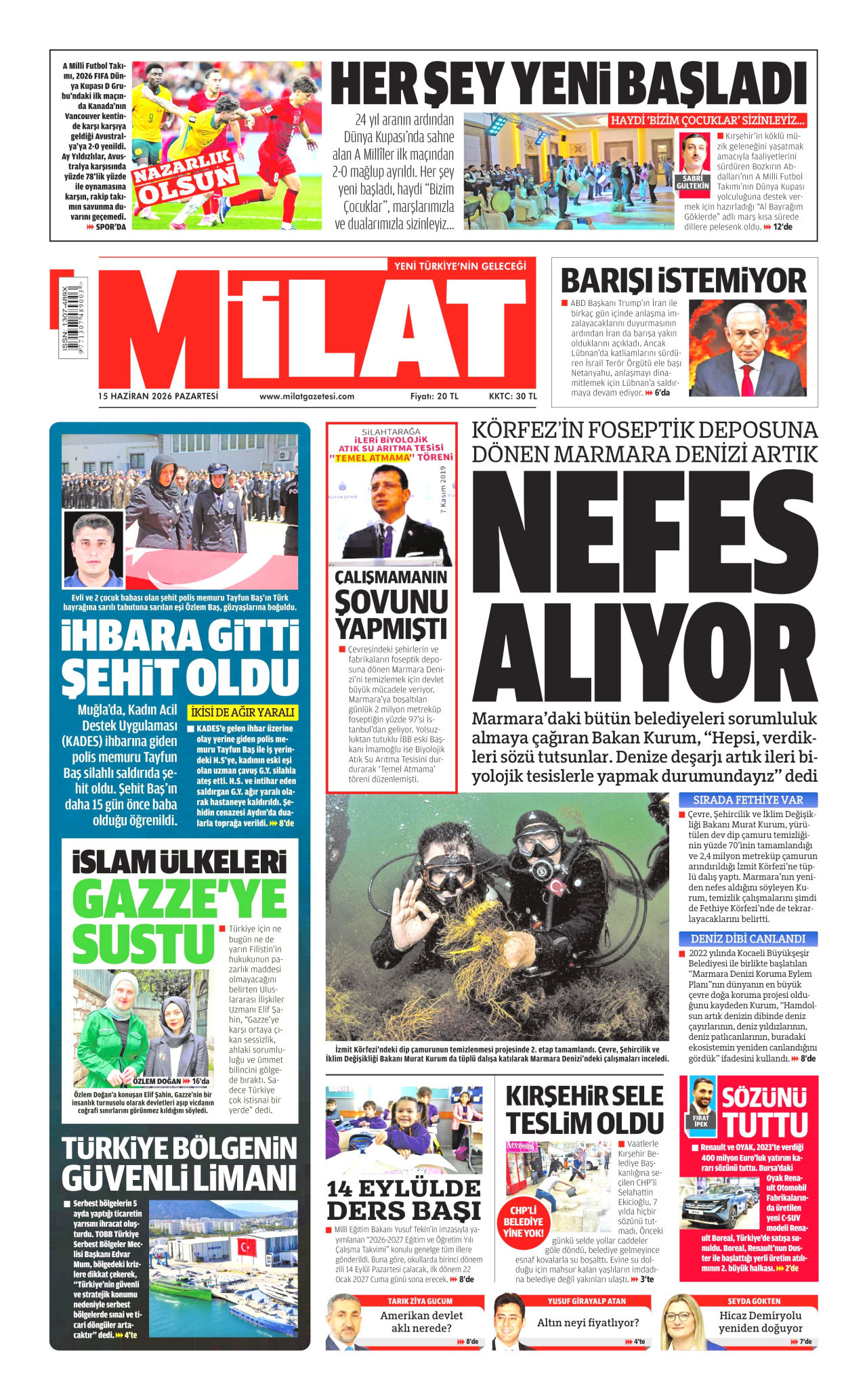 MİLAT gazetesinin 15 Haziran 2026 tarihli birinci sayfası