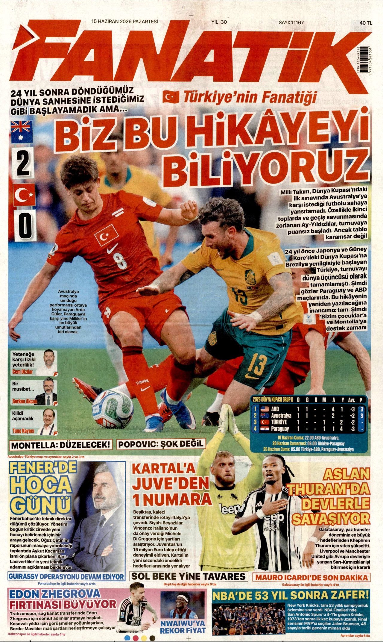 FANATİK gazetesinin 15 Haziran 2026 tarihli birinci sayfası