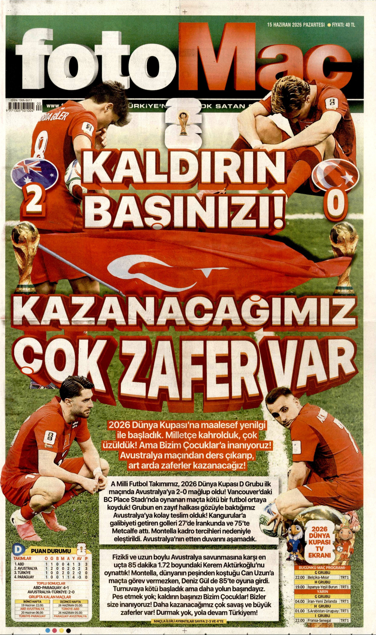 FOTOMAÇ gazetesinin 15 Haziran 2026 tarihli birinci sayfası