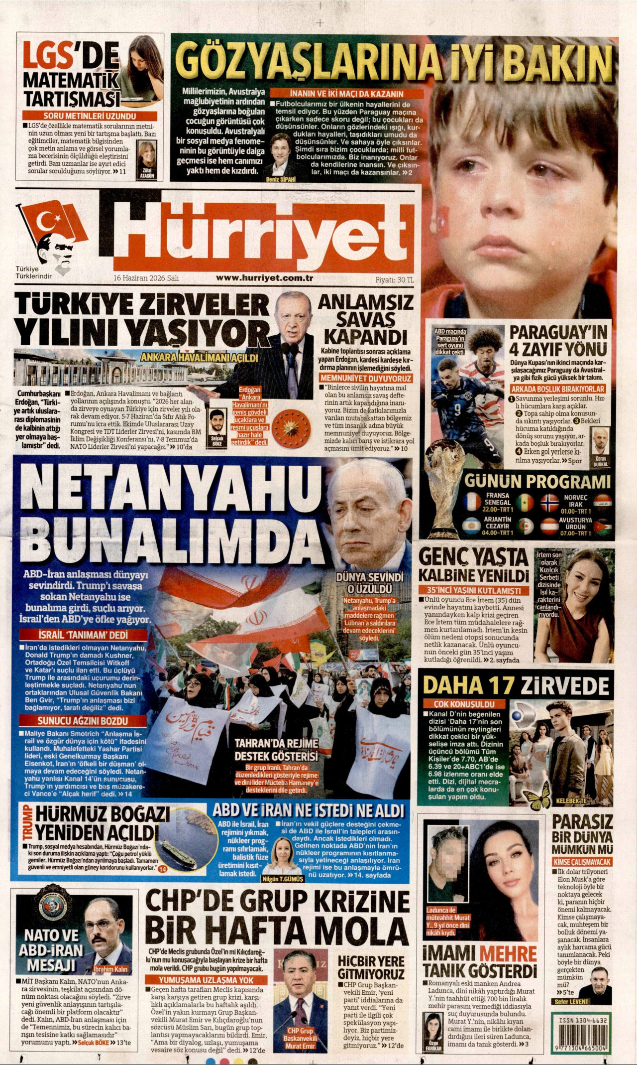 HÜRRİYET gazetesinin 16 Haziran 2026 tarihli birinci sayfası