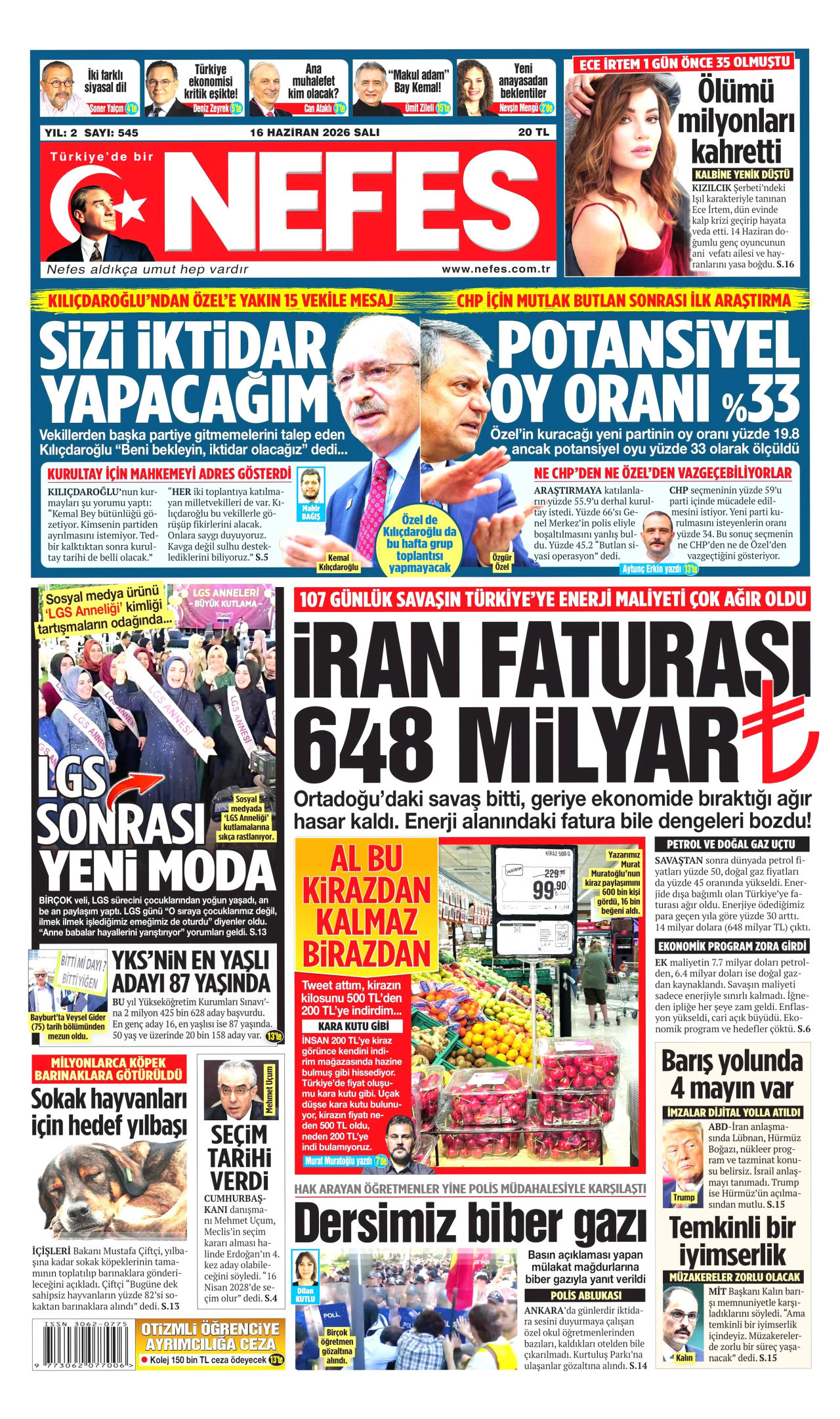 NEFES gazetesinin 16 Haziran 2026 tarihli birinci sayfası