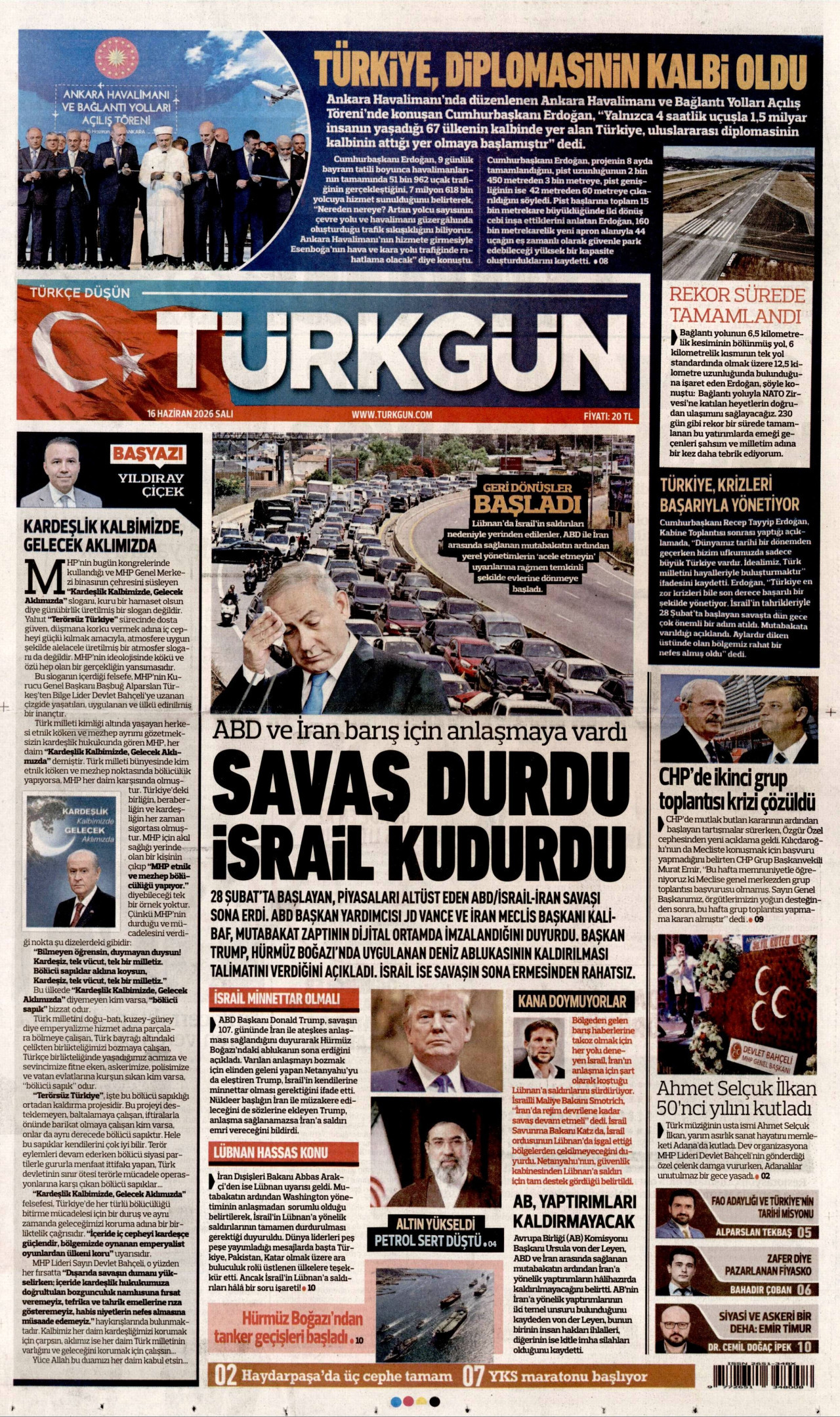 TÜRKGÜN gazetesinin 16 Haziran 2026 tarihli birinci sayfası