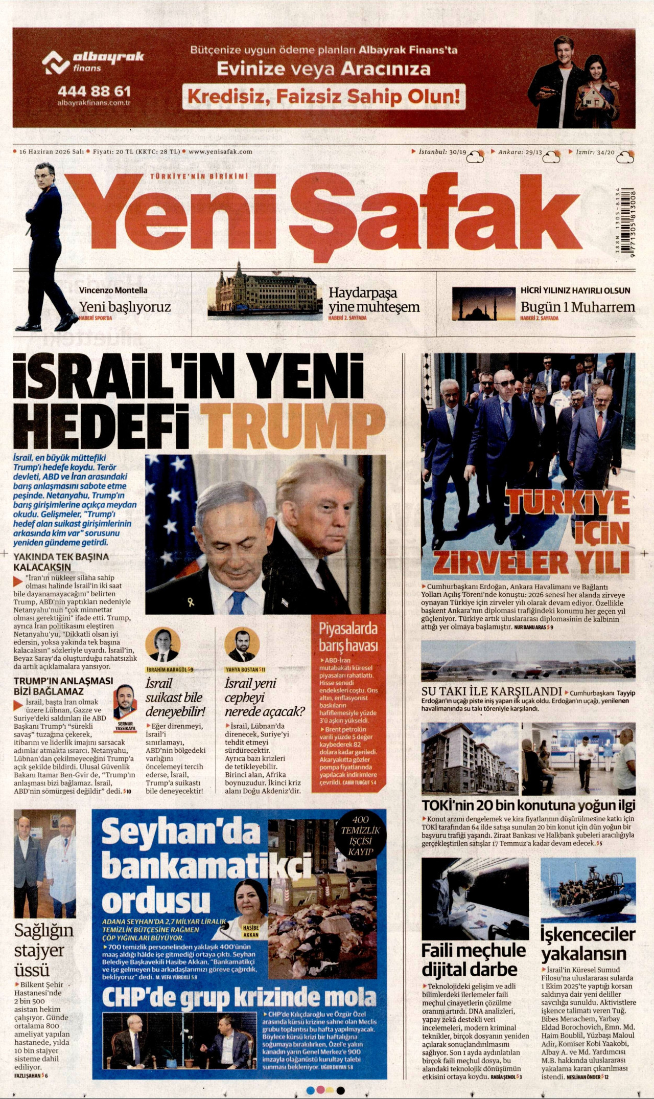 YENİ ŞAFAK gazetesinin 16 Haziran 2026 tarihli birinci sayfası