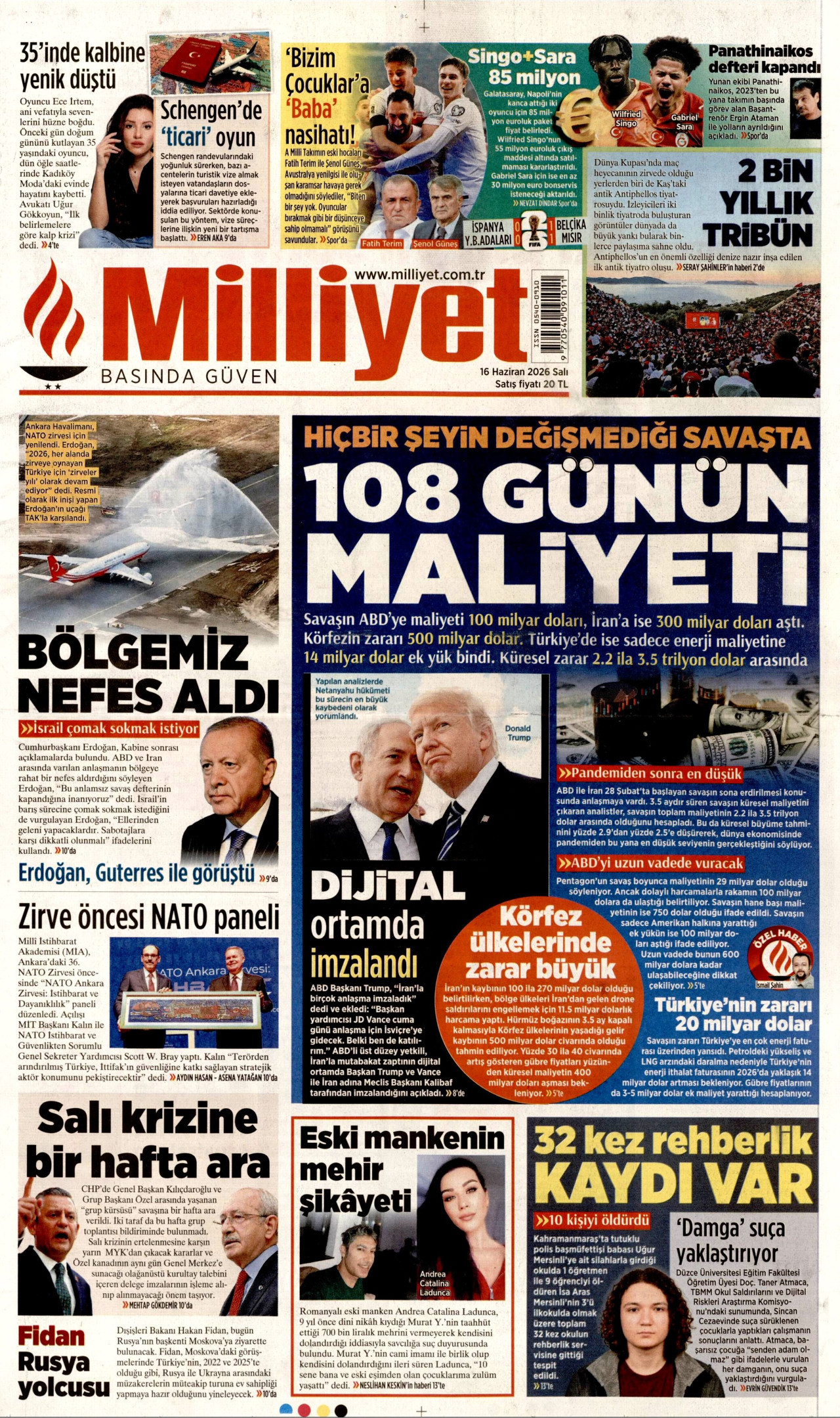MİLLİYET gazetesinin 16 Haziran 2026 tarihli birinci sayfası