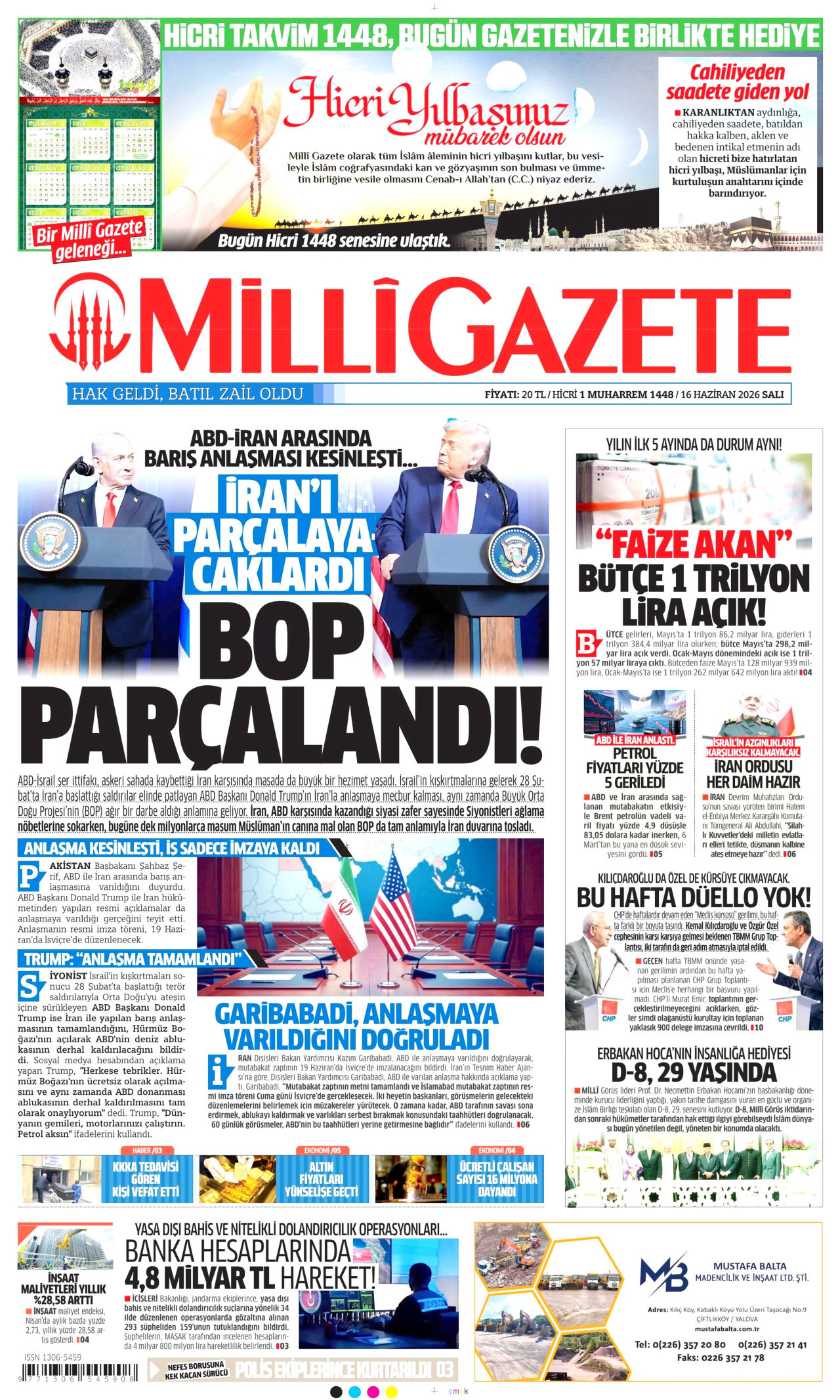 MİLLİ GAZETE gazetesinin 16 Haziran 2026 tarihli birinci sayfası