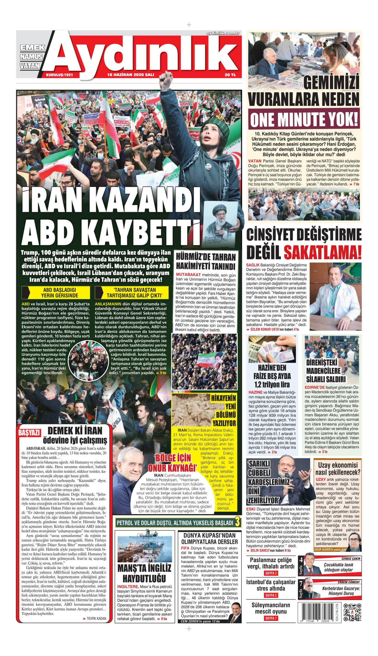 AYDINLIK GAZETESİ gazetesinin 16 Haziran 2026 tarihli birinci sayfası