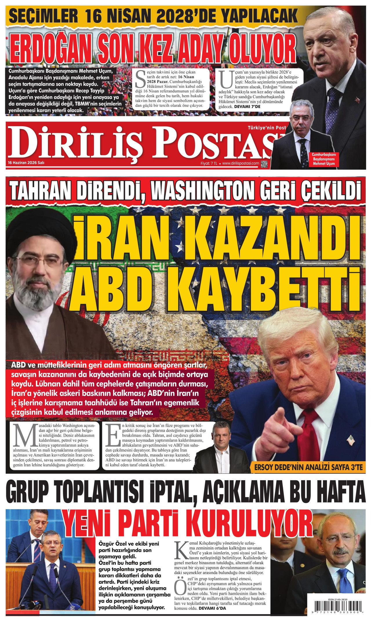 DİRİLİŞ POSTASI gazetesinin 16 Haziran 2026 tarihli birinci sayfası