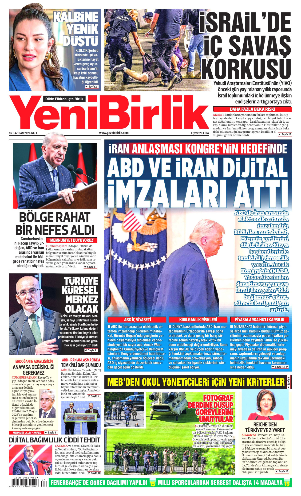 YENİBİRLİK gazetesinin 16 Haziran 2026 tarihli birinci sayfası
