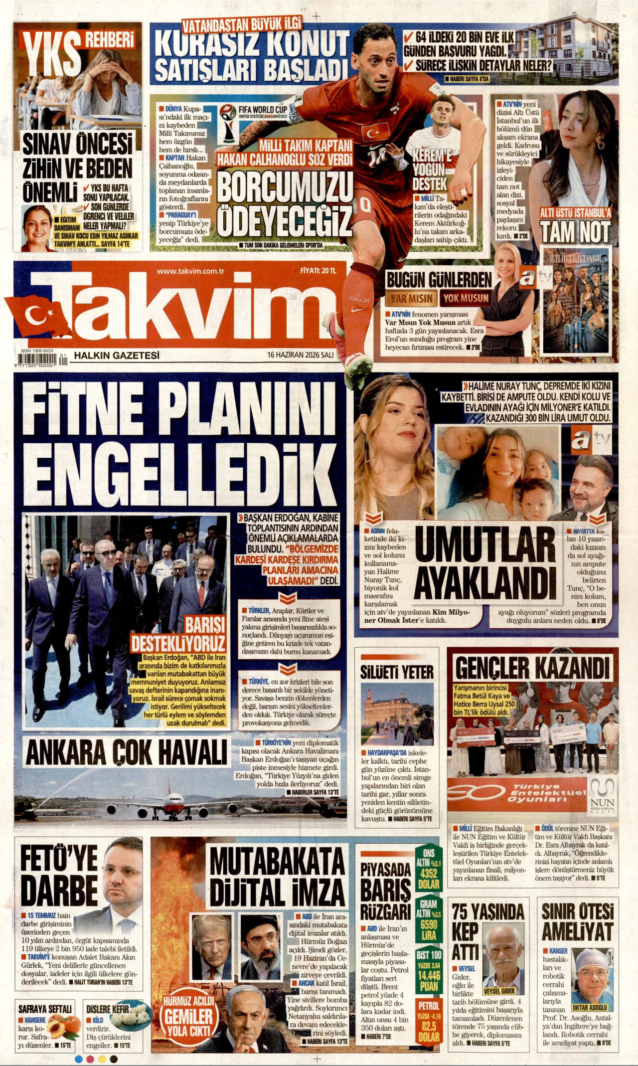 TAKVİM gazetesinin 16 Haziran 2026 tarihli birinci sayfası
