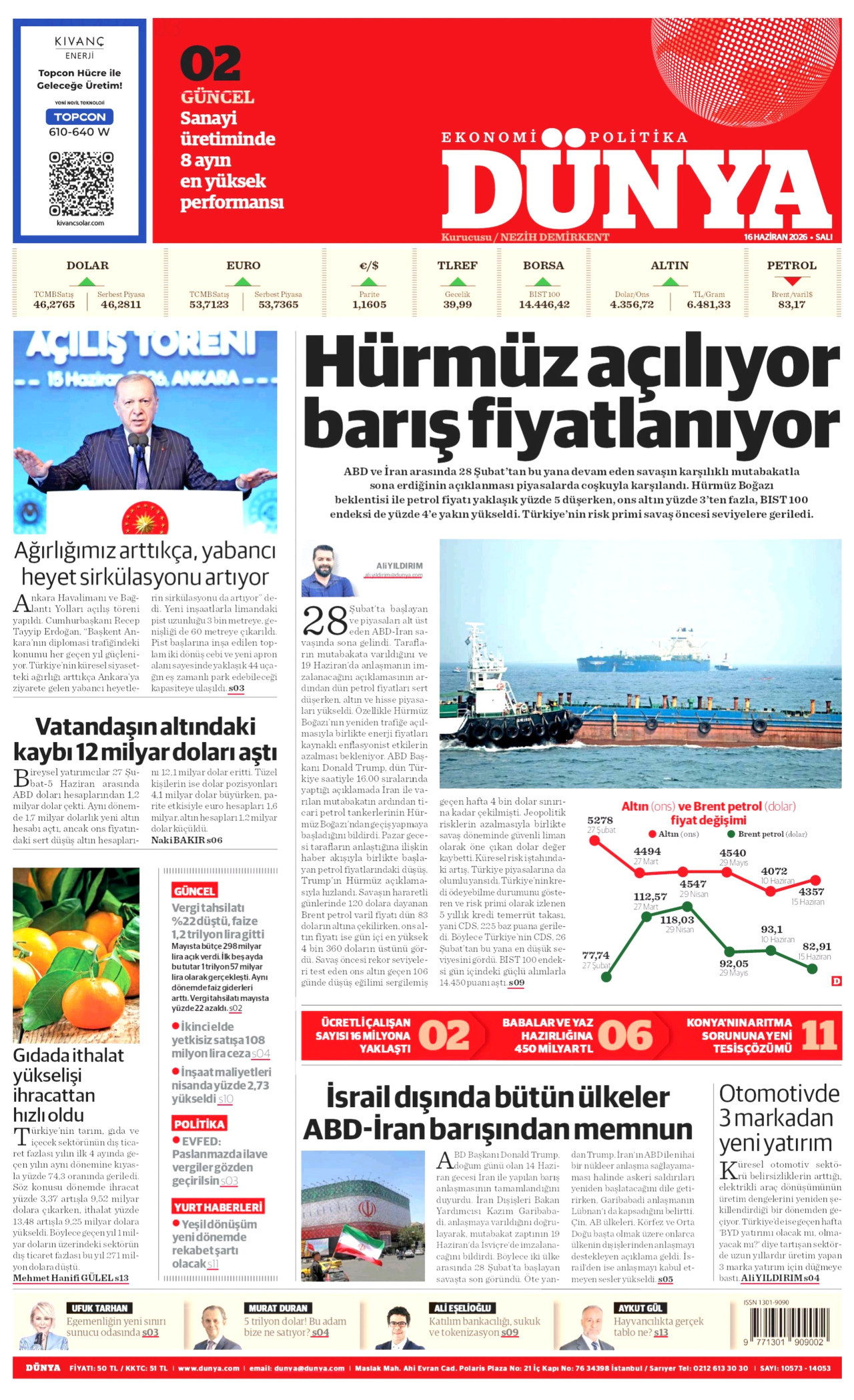 DÜNYA gazetesinin 16 Haziran 2026 tarihli birinci sayfası