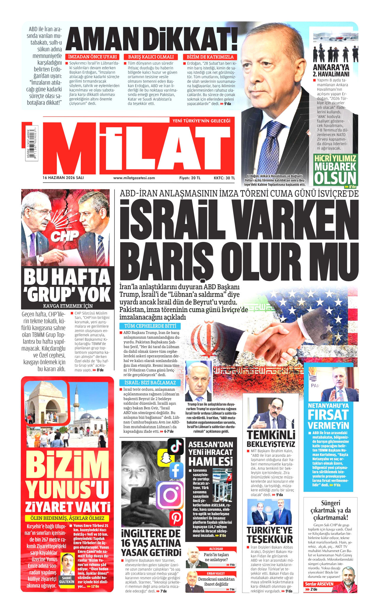 MİLAT gazetesinin 16 Haziran 2026 tarihli birinci sayfası