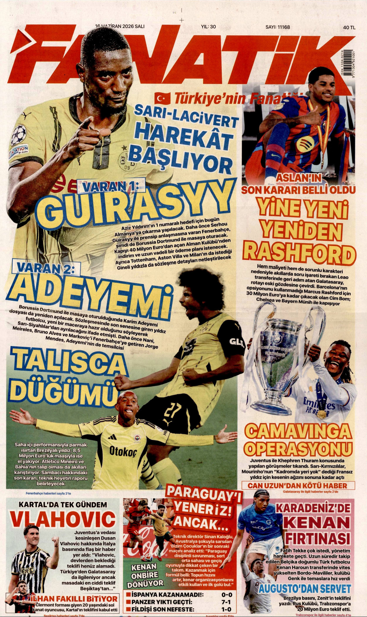 FANATİK gazetesinin 16 Haziran 2026 tarihli birinci sayfası