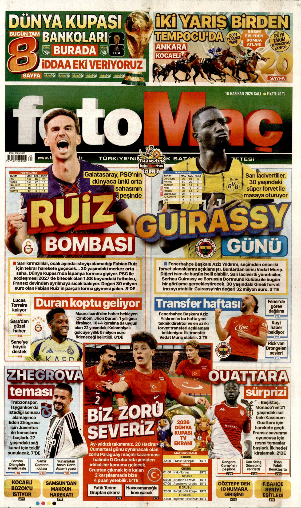 FOTOMAÇ gazetesinin 16 Haziran 2026 tarihli birinci sayfası
