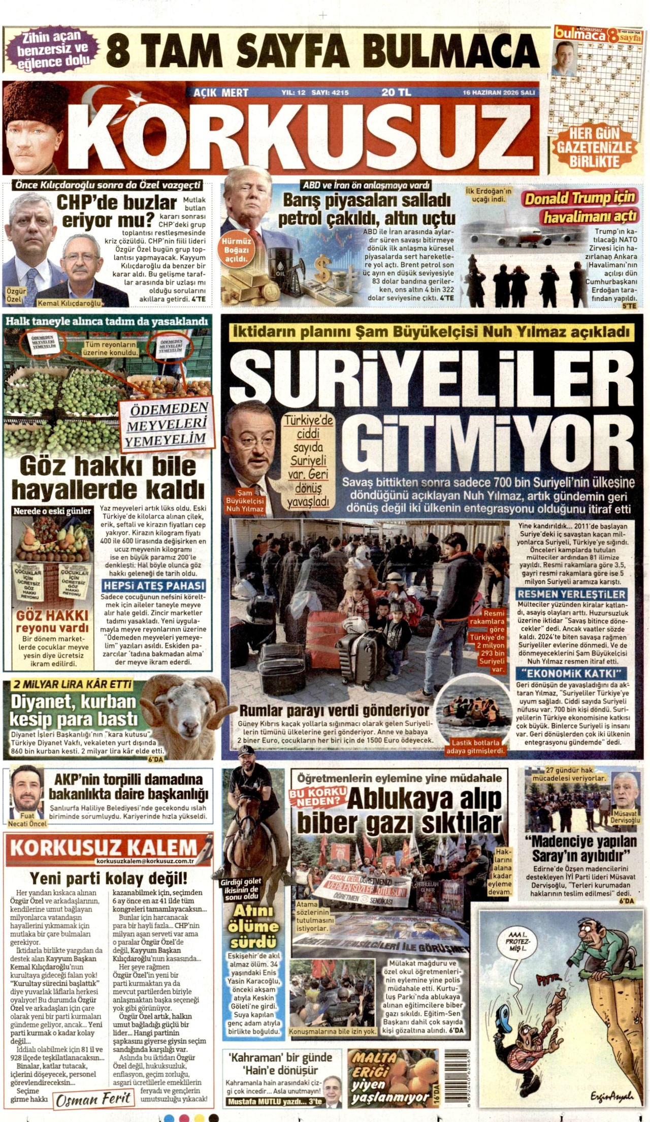 KORKUSUZ gazetesinin 16 Haziran 2026 tarihli birinci sayfası