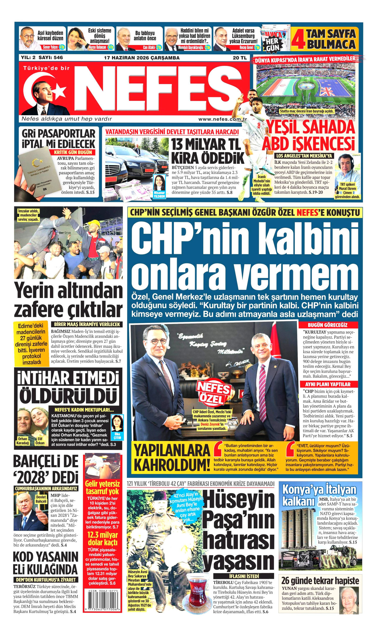 NEFES gazetesinin 17 Haziran 2026 tarihli birinci sayfası