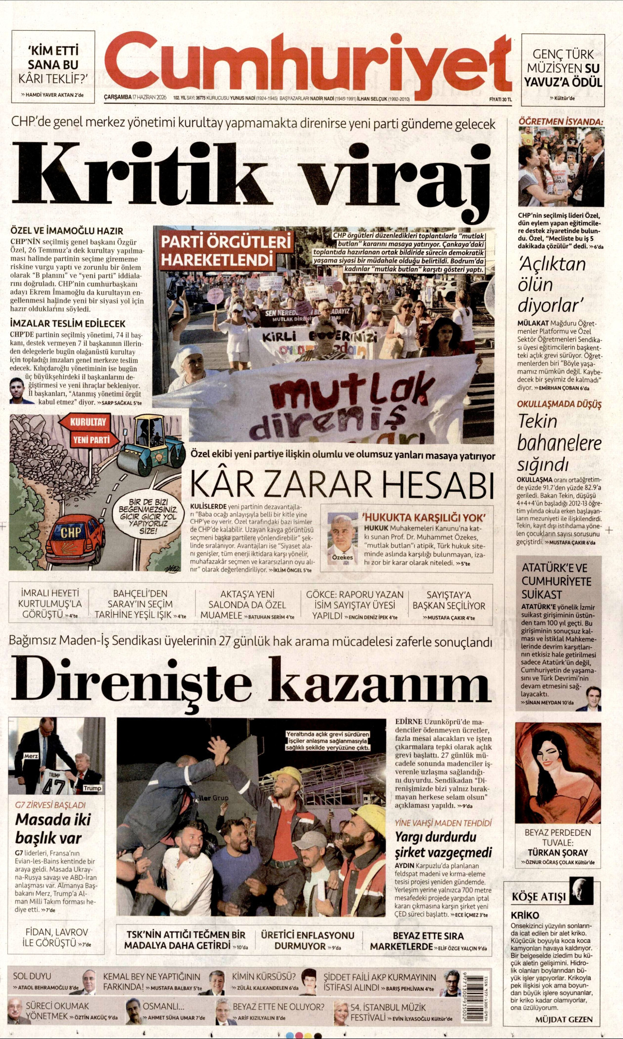 CUMHURİYET gazetesinin 17 Haziran 2026 tarihli birinci sayfası
