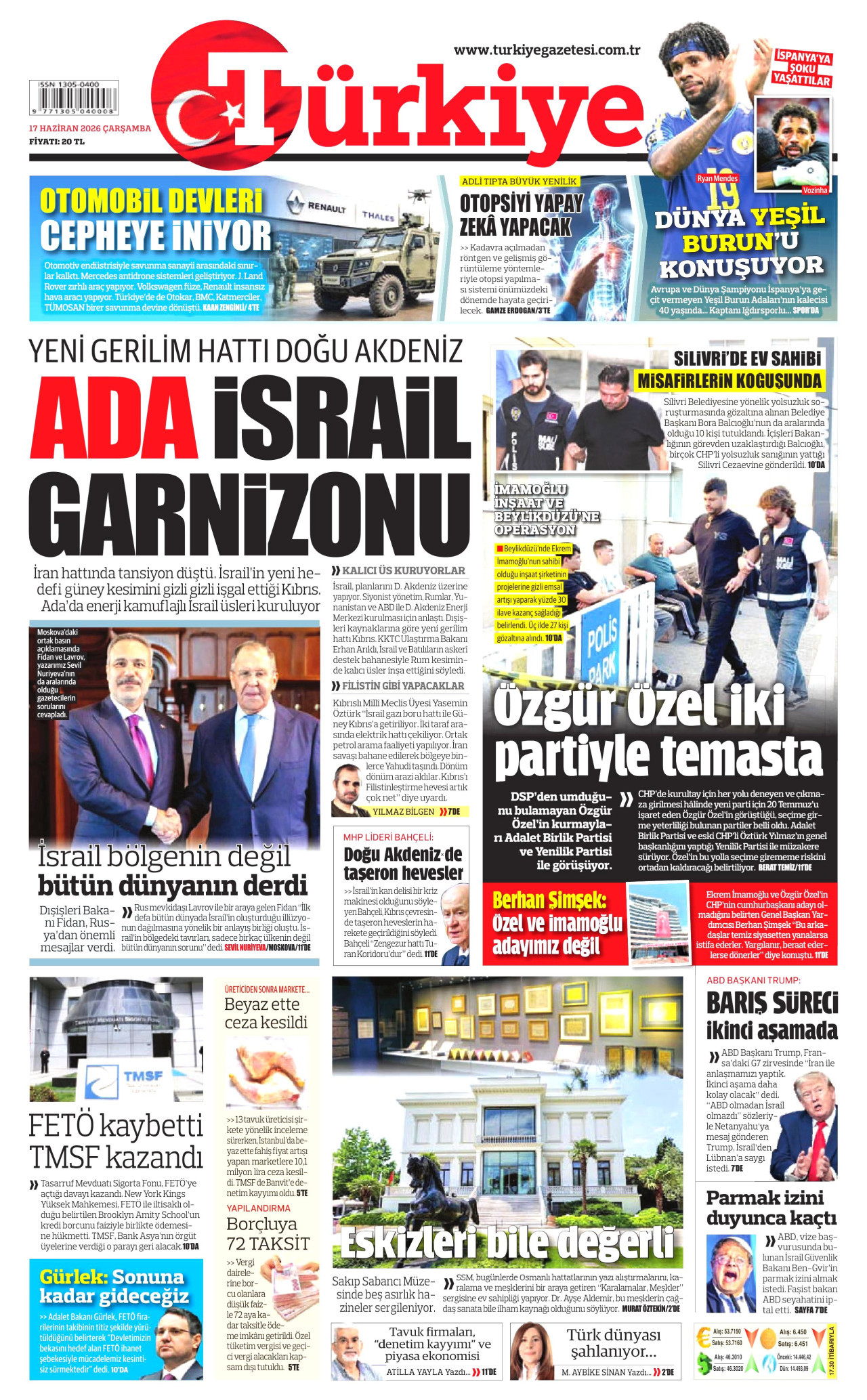 TÜRKİYE GAZETESİ gazetesinin 17 Haziran 2026 tarihli birinci sayfası