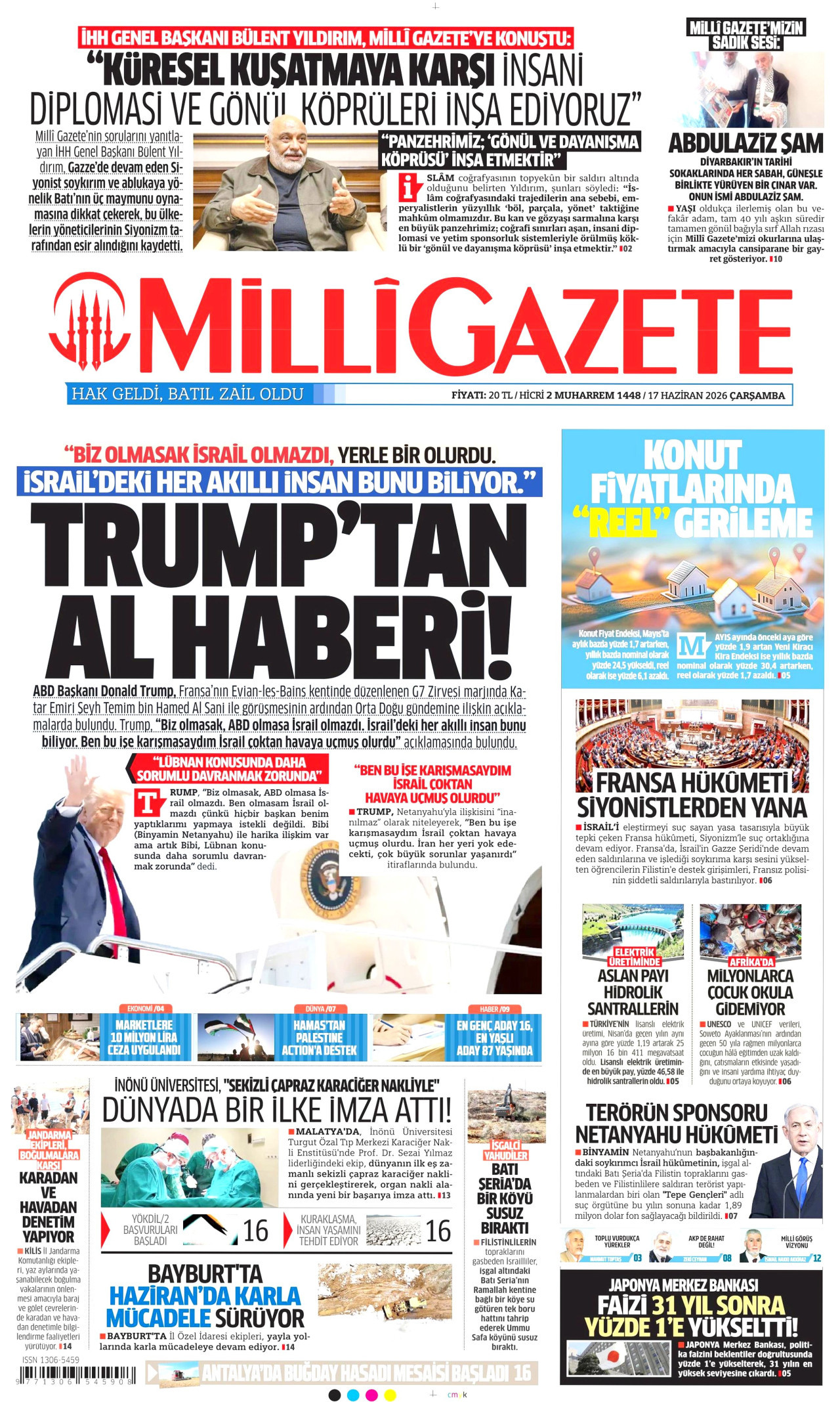 MİLLİ GAZETE gazetesinin 17 Haziran 2026 tarihli birinci sayfası