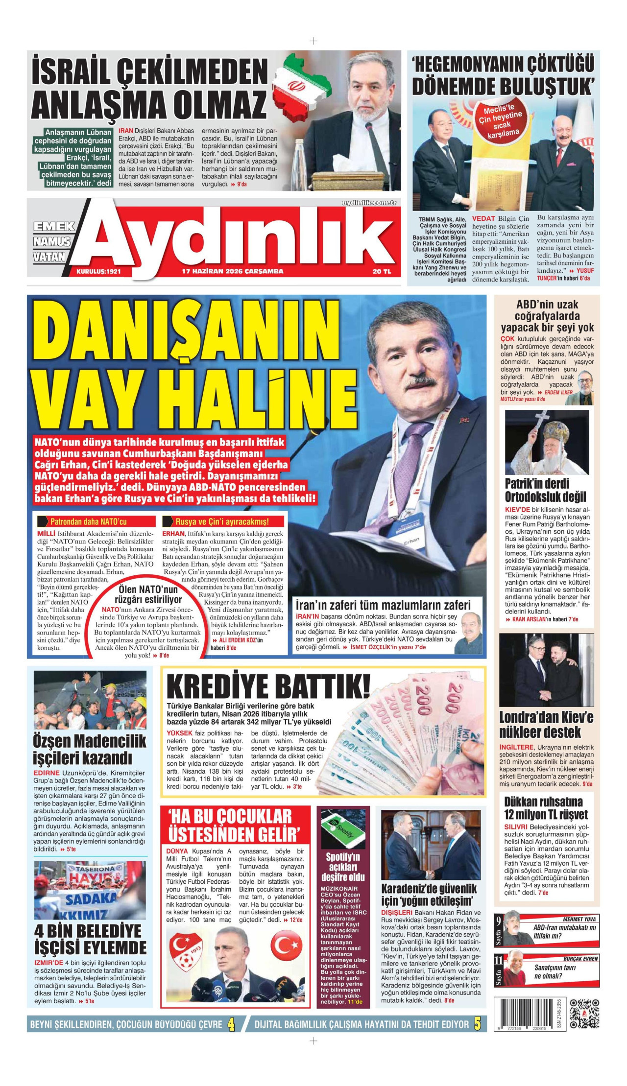 AYDINLIK GAZETESİ gazetesinin 17 Haziran 2026 tarihli birinci sayfası