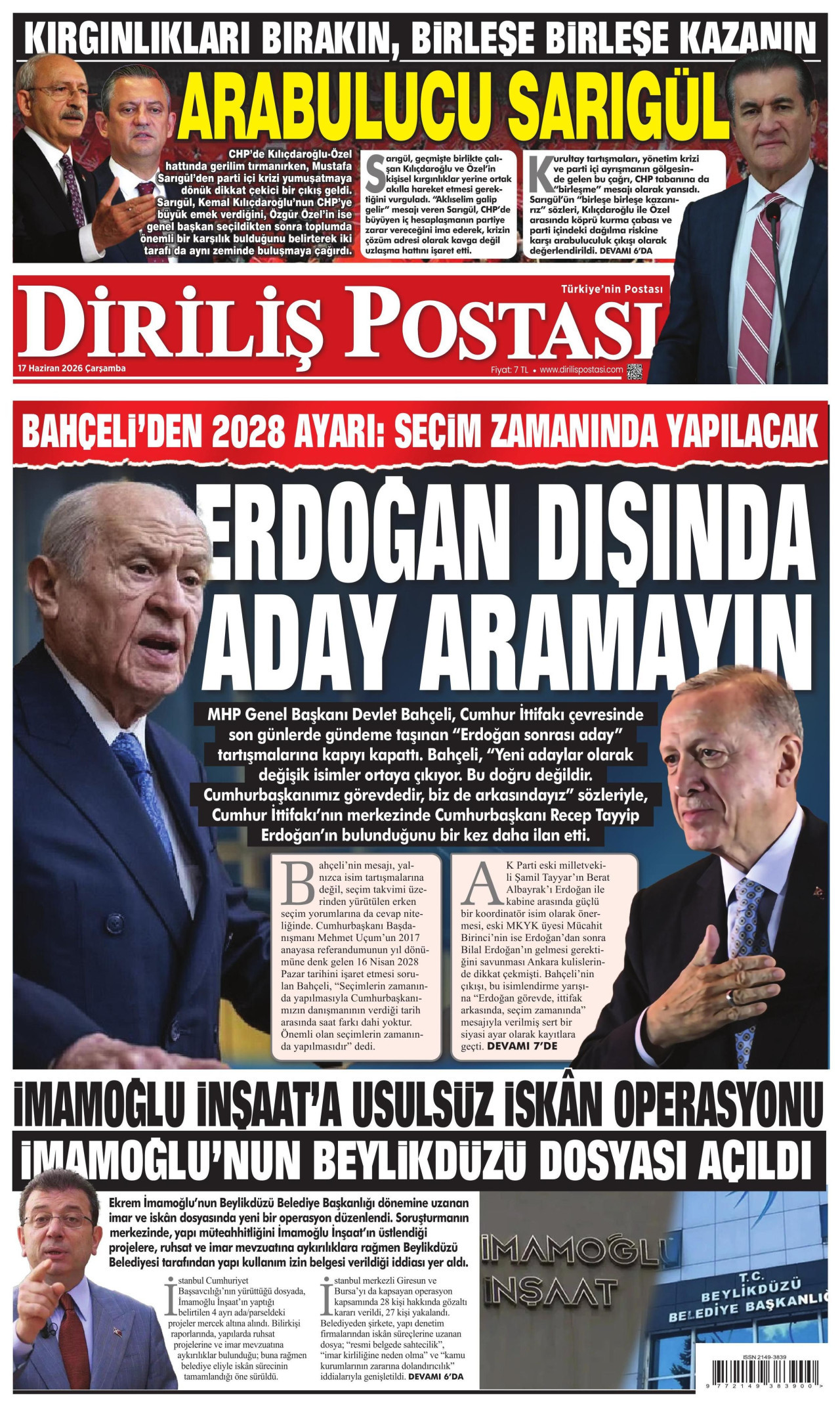 DİRİLİŞ POSTASI gazetesinin 17 Haziran 2026 tarihli birinci sayfası