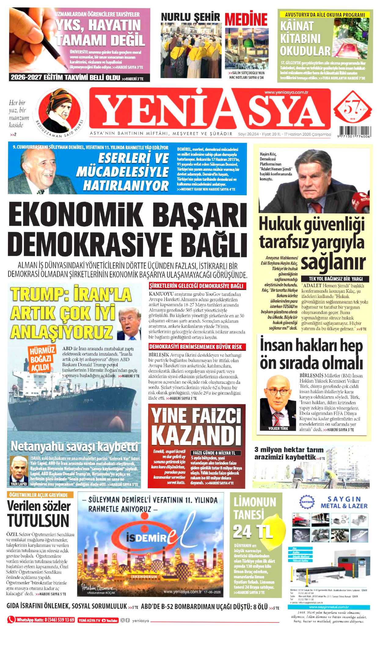 YENİ ASYA gazetesinin 17 Haziran 2026 tarihli birinci sayfası