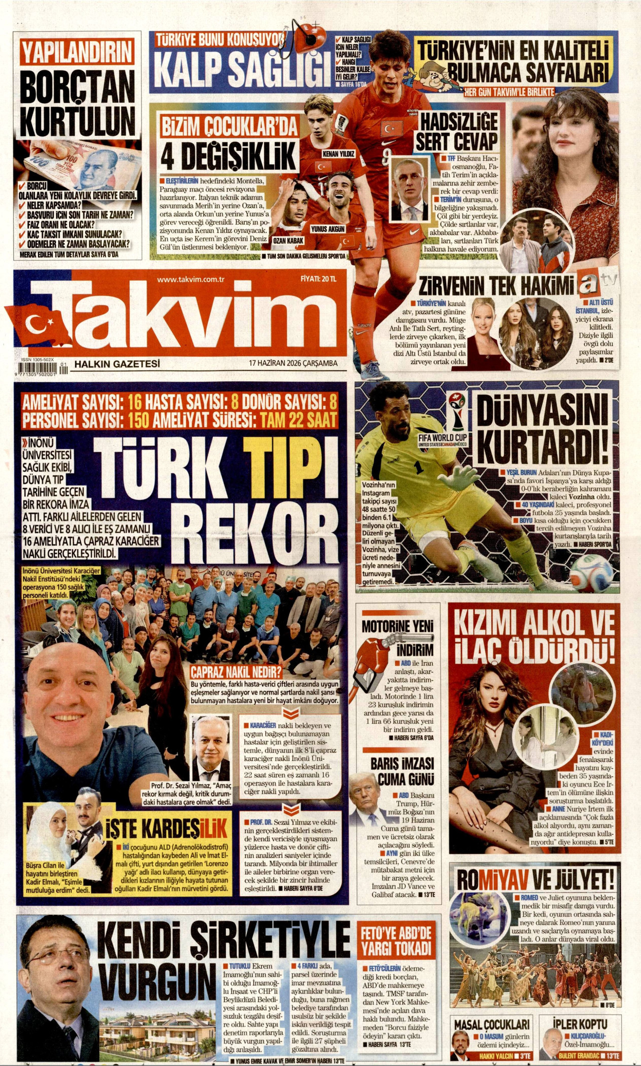 TAKVİM gazetesinin 17 Haziran 2026 tarihli birinci sayfası