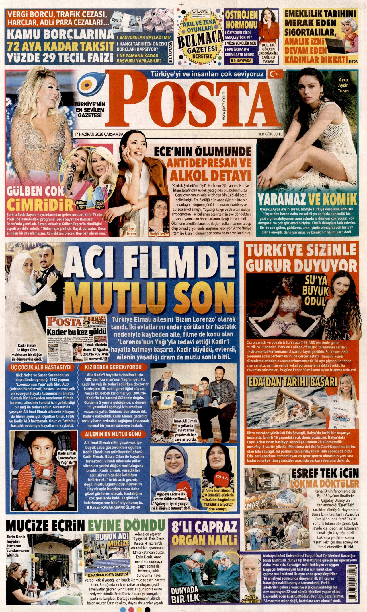POSTA gazetesinin 17 Haziran 2026 tarihli birinci sayfası