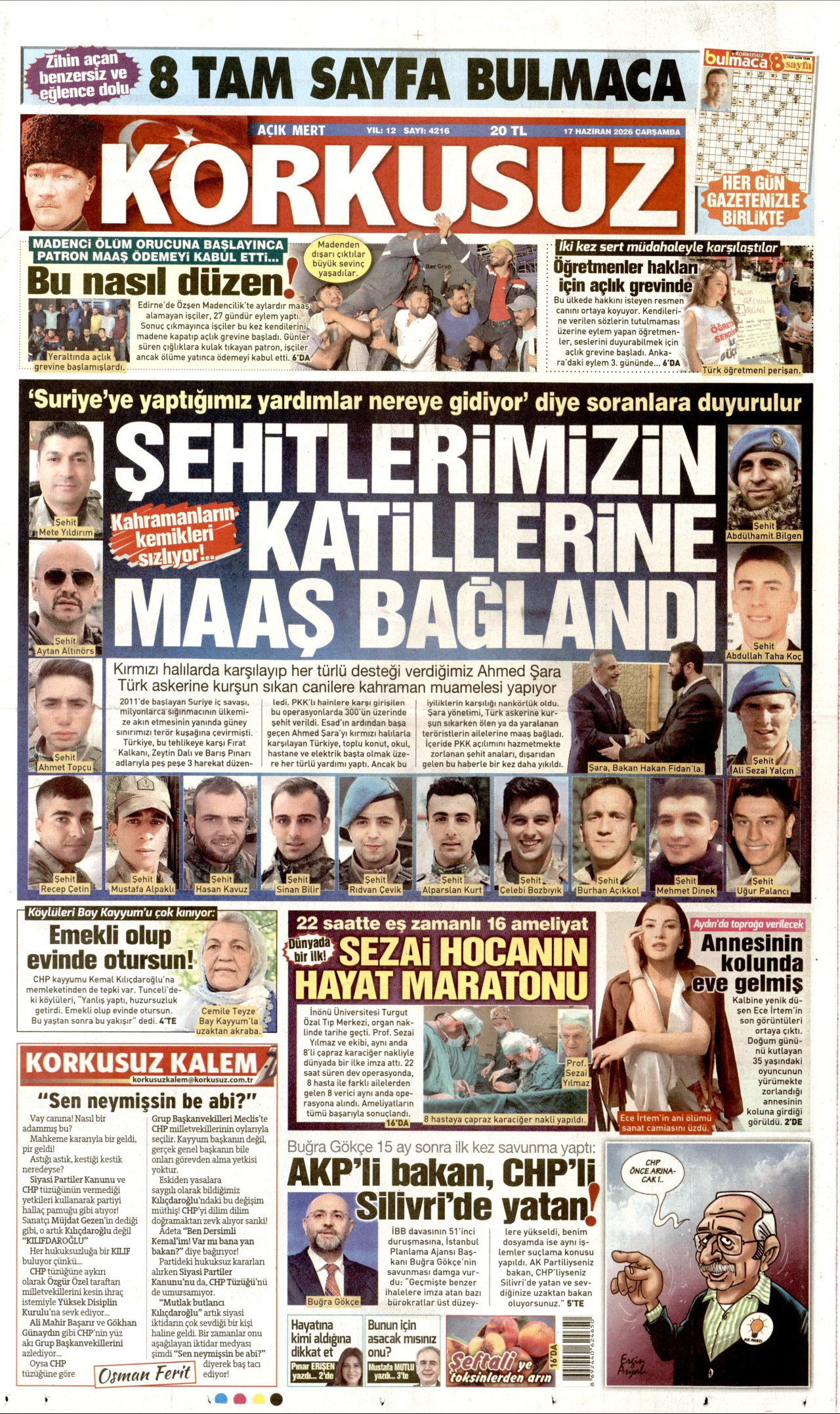 KORKUSUZ gazetesinin 17 Haziran 2026 tarihli birinci sayfası