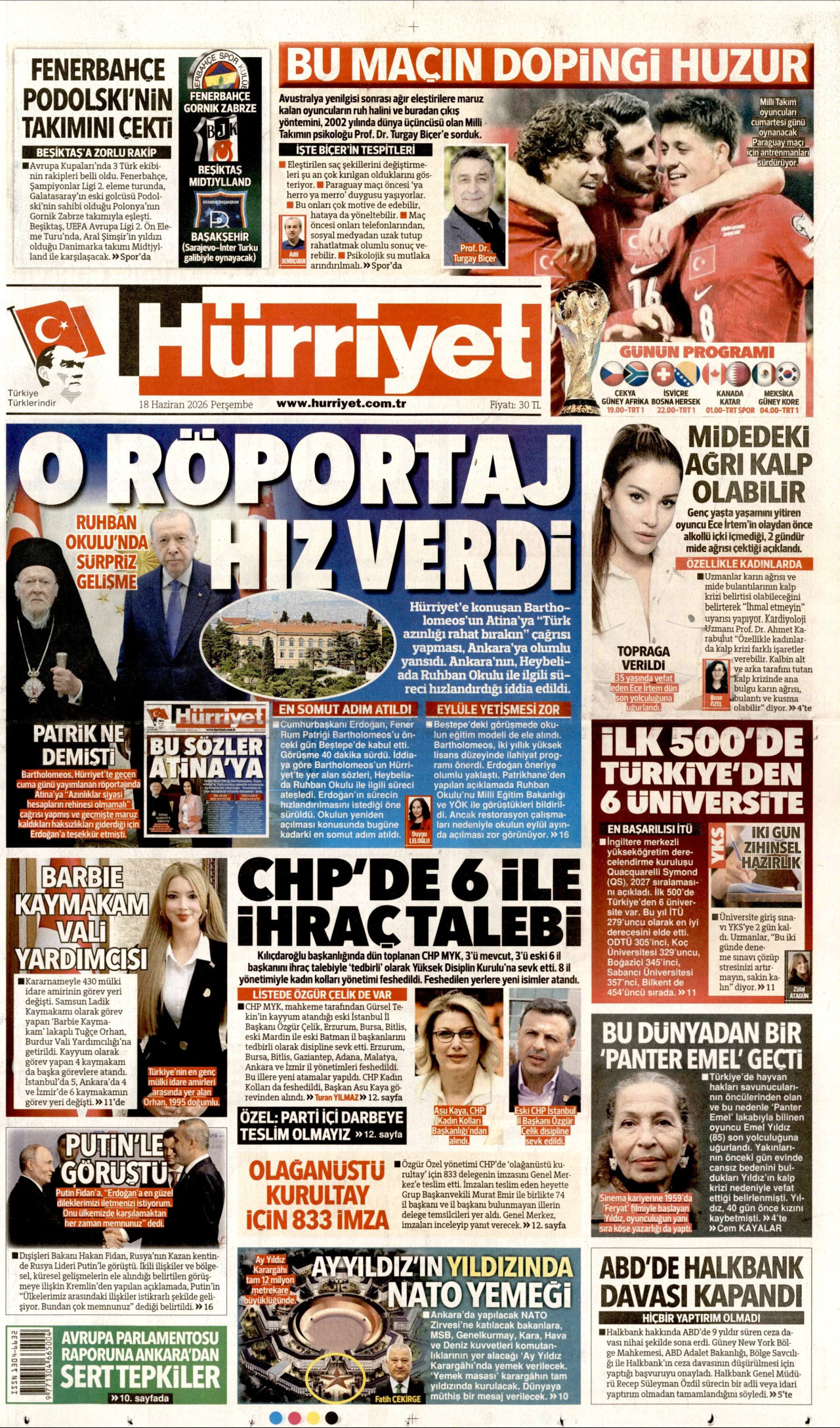 HÜRRİYET gazetesinin 18 Haziran 2026 tarihli birinci sayfası