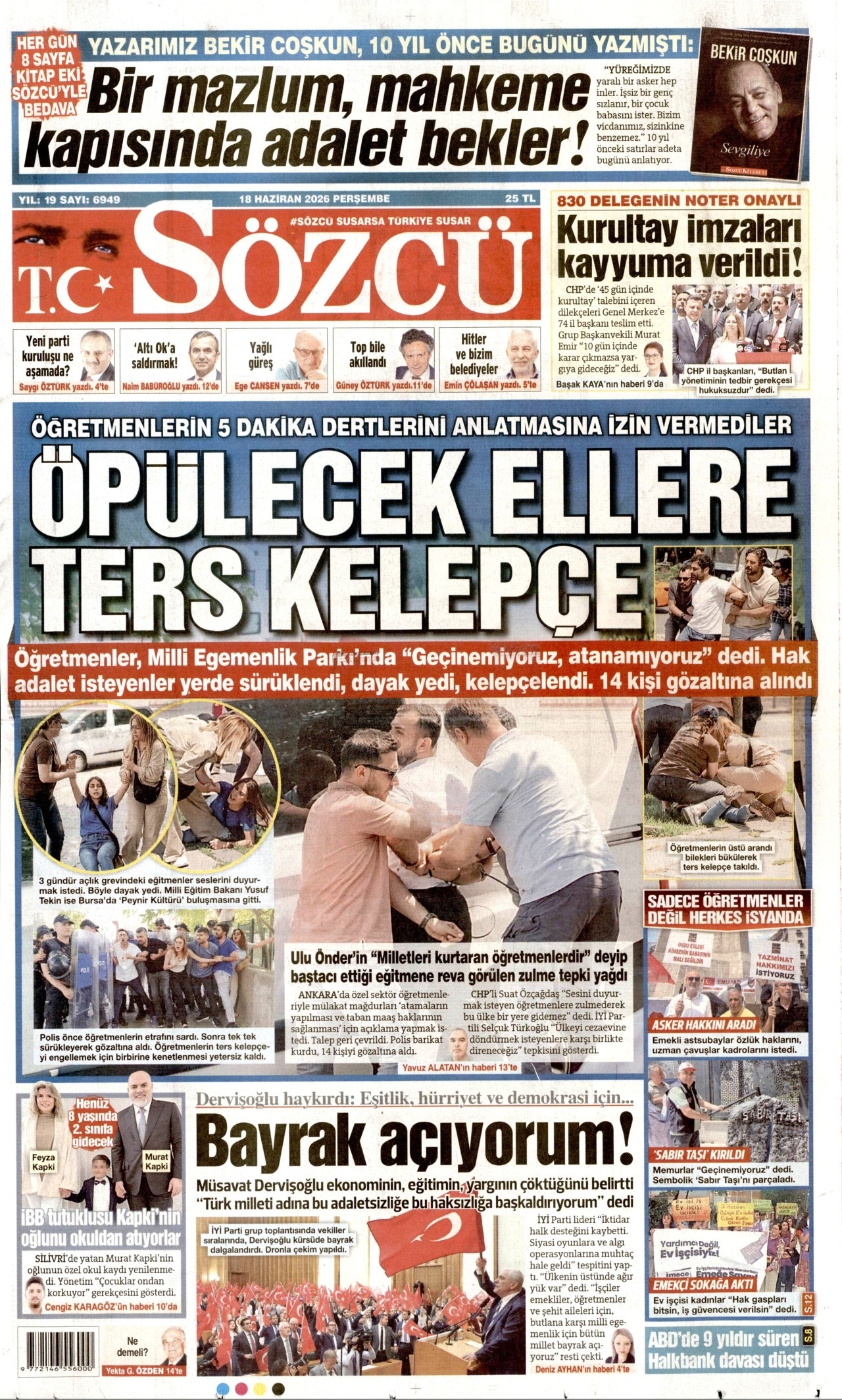 SÖZCÜ gazetesinin 18 Haziran 2026 tarihli birinci sayfası