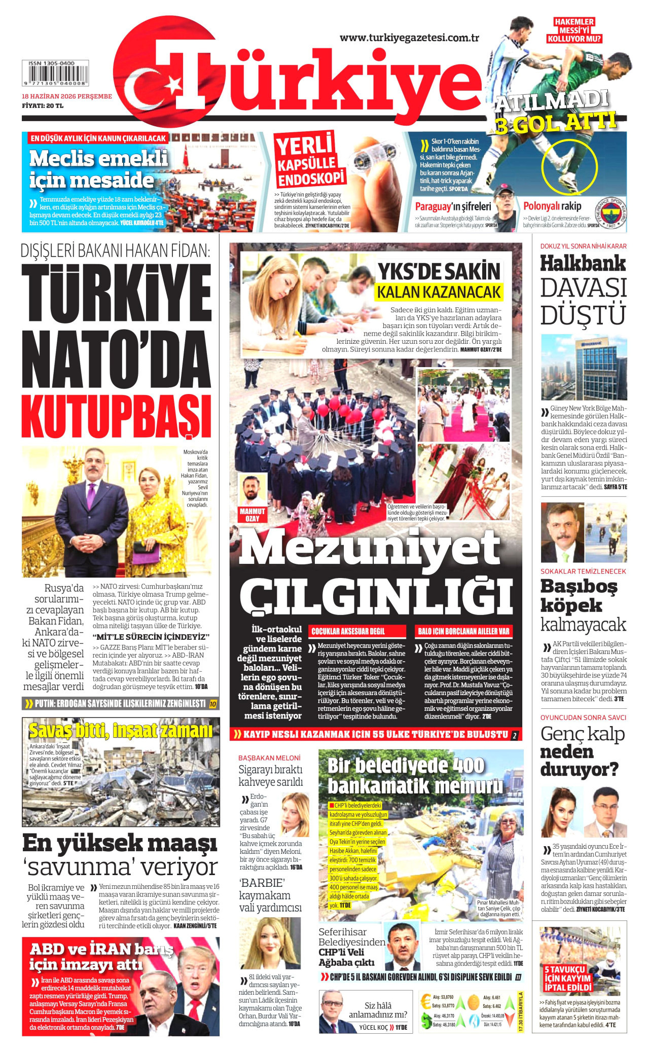 TÜRKİYE GAZETESİ gazetesinin 18 Haziran 2026 tarihli birinci sayfası