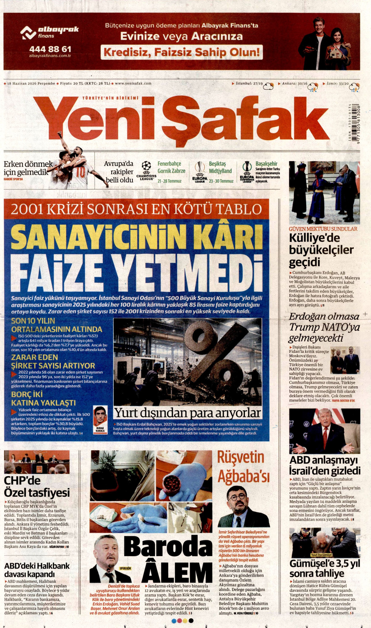 YENİ ŞAFAK gazetesinin 18 Haziran 2026 tarihli birinci sayfası