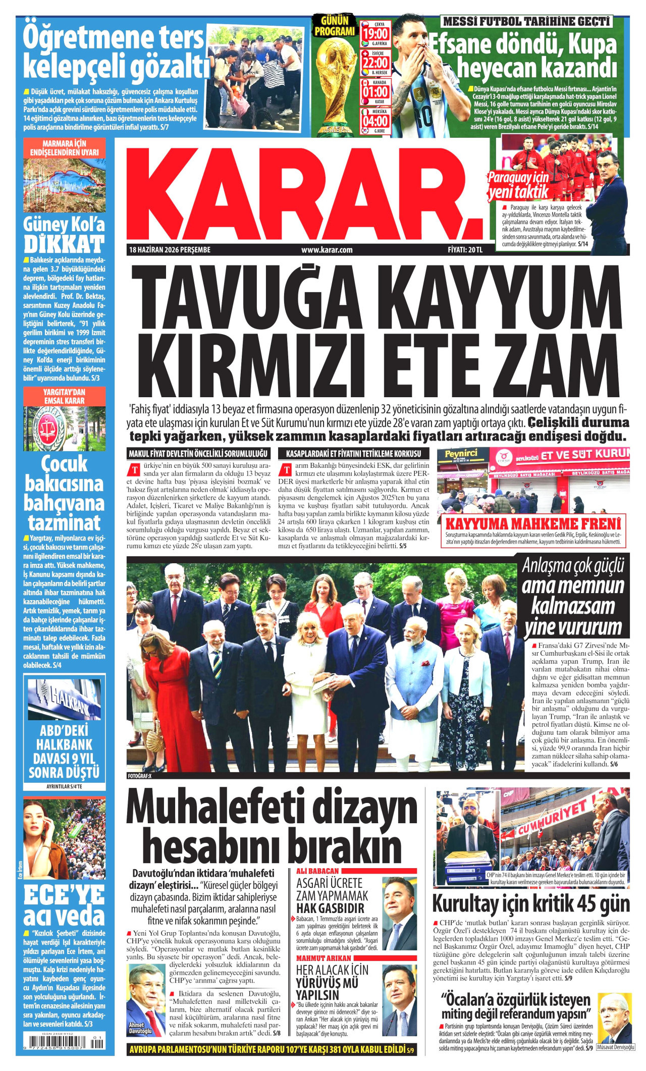 KARAR gazetesinin 18 Haziran 2026 tarihli birinci sayfası
