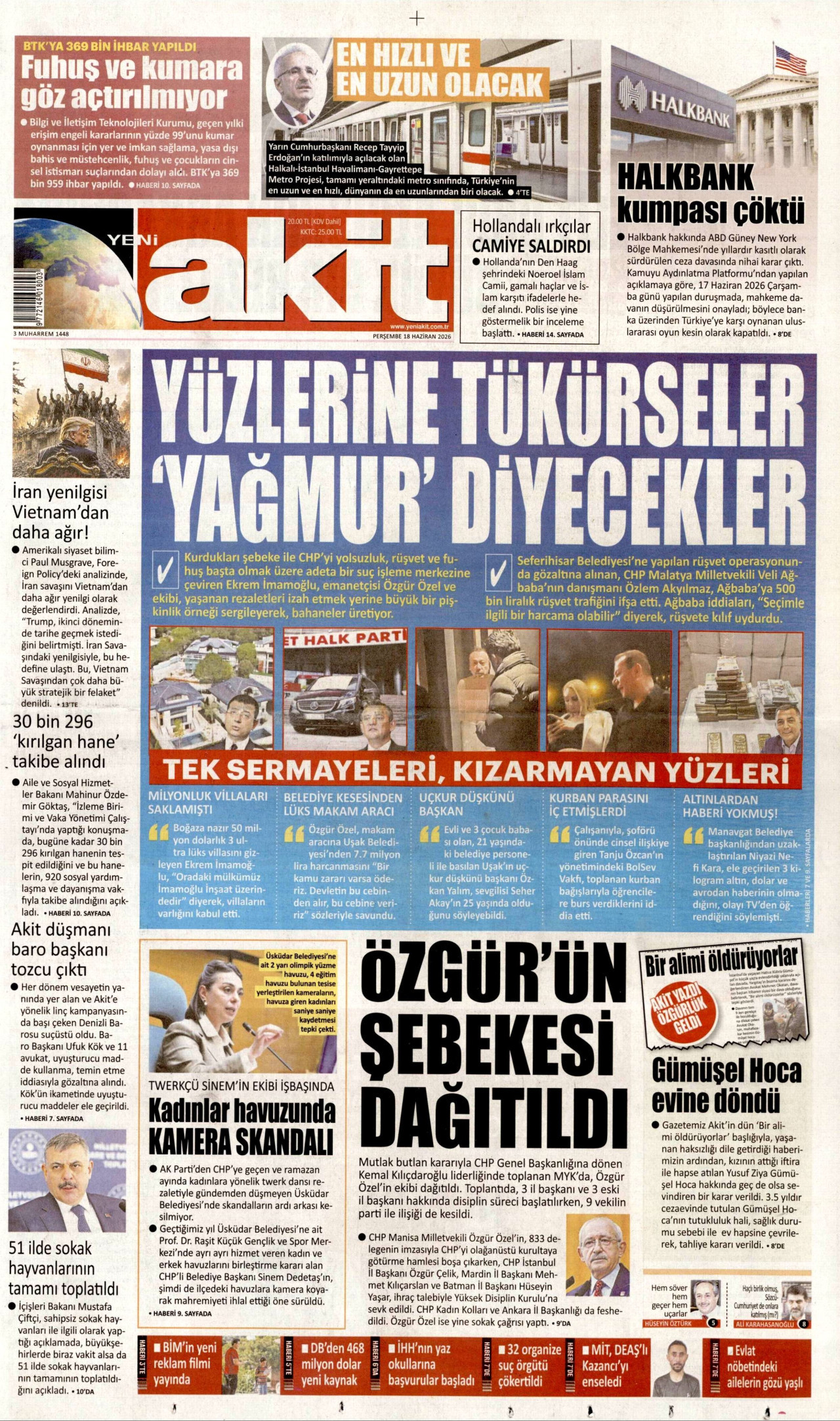 YENİ AKİT gazetesinin 18 Haziran 2026 tarihli birinci sayfası