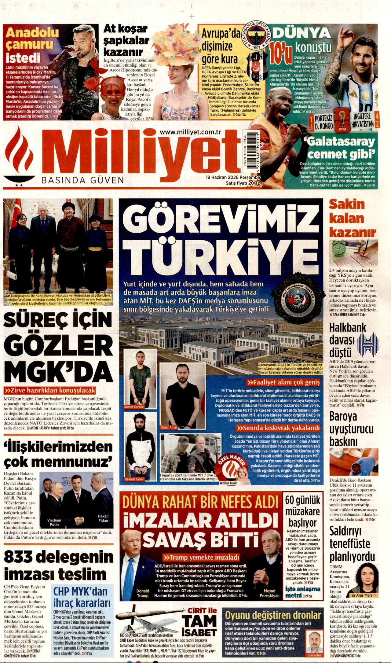 MİLLİYET gazetesinin 18 Haziran 2026 tarihli birinci sayfası