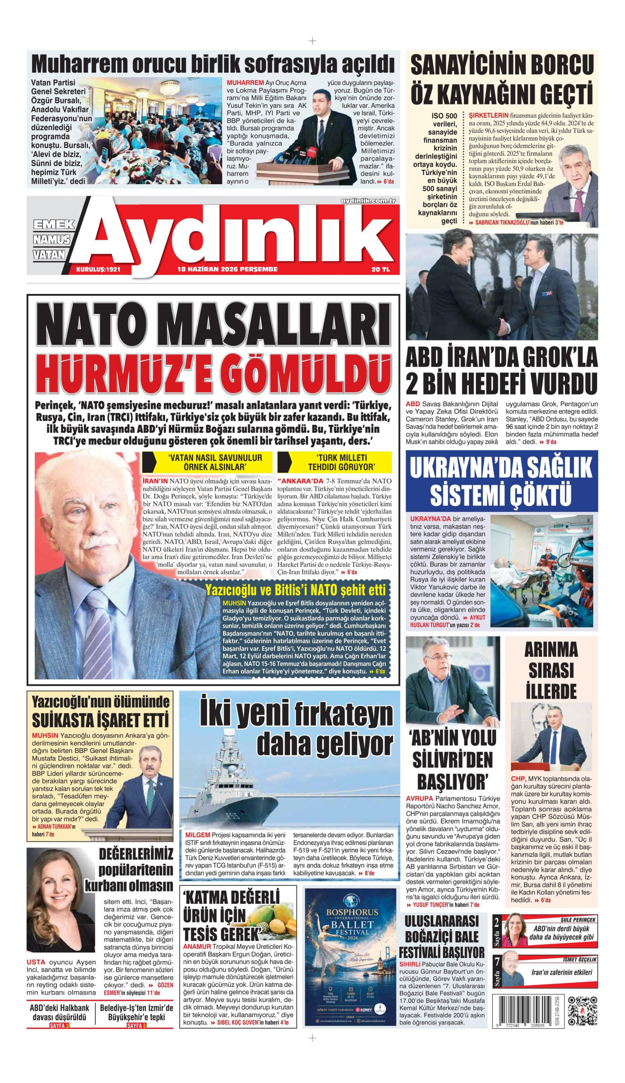 AYDINLIK GAZETESİ gazetesinin 18 Haziran 2026 tarihli birinci sayfası