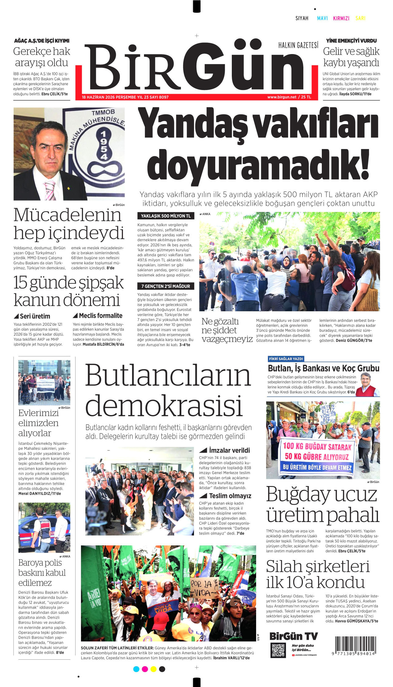BİRGÜN gazetesinin 18 Haziran 2026 tarihli birinci sayfası