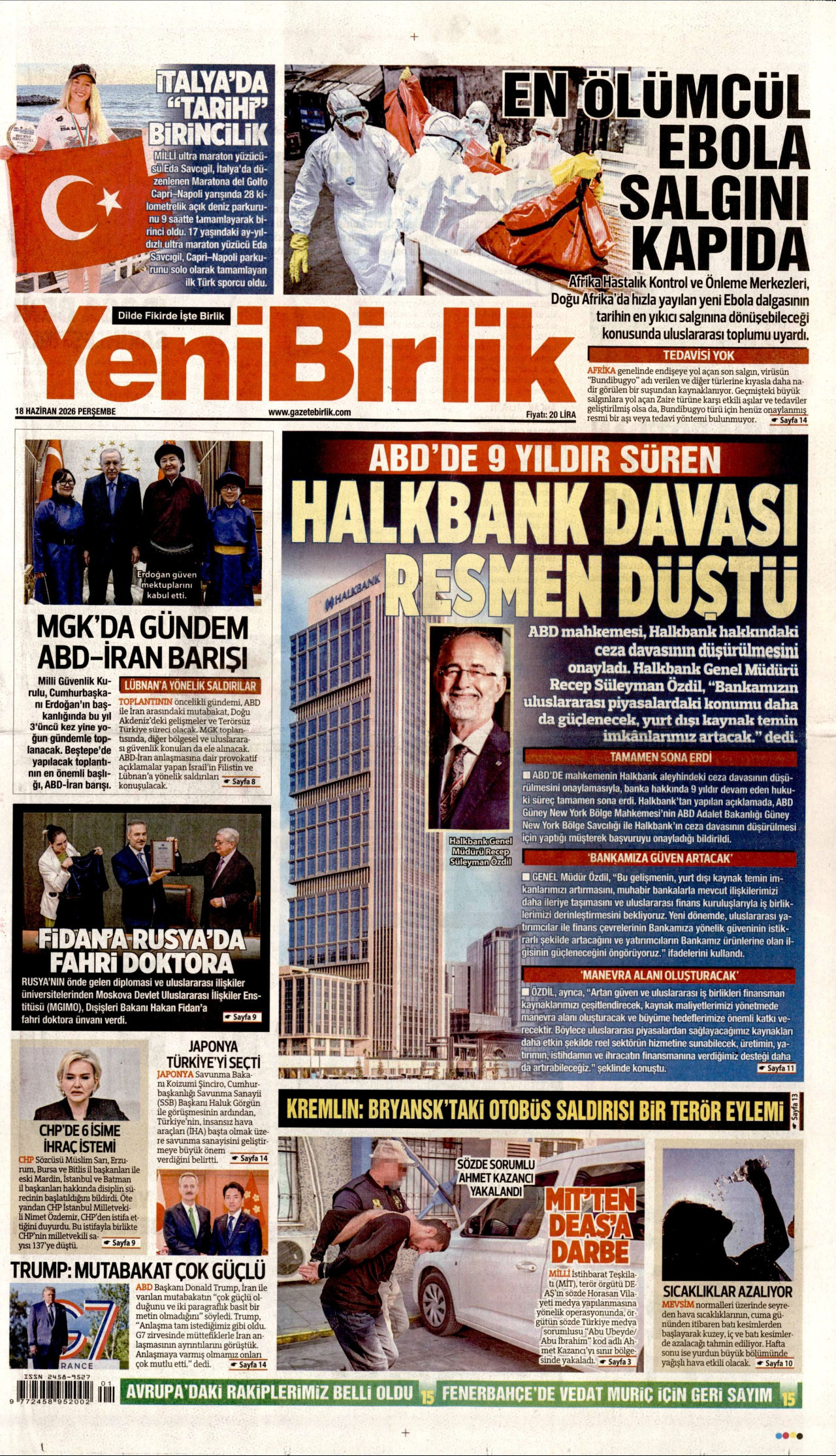 YENİBİRLİK gazetesinin 18 Haziran 2026 tarihli birinci sayfası