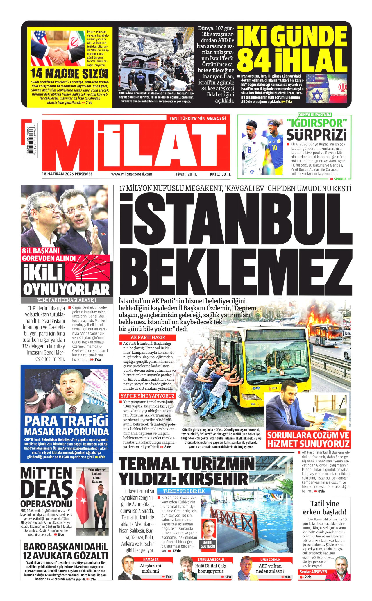 MİLAT gazetesinin 18 Haziran 2026 tarihli birinci sayfası