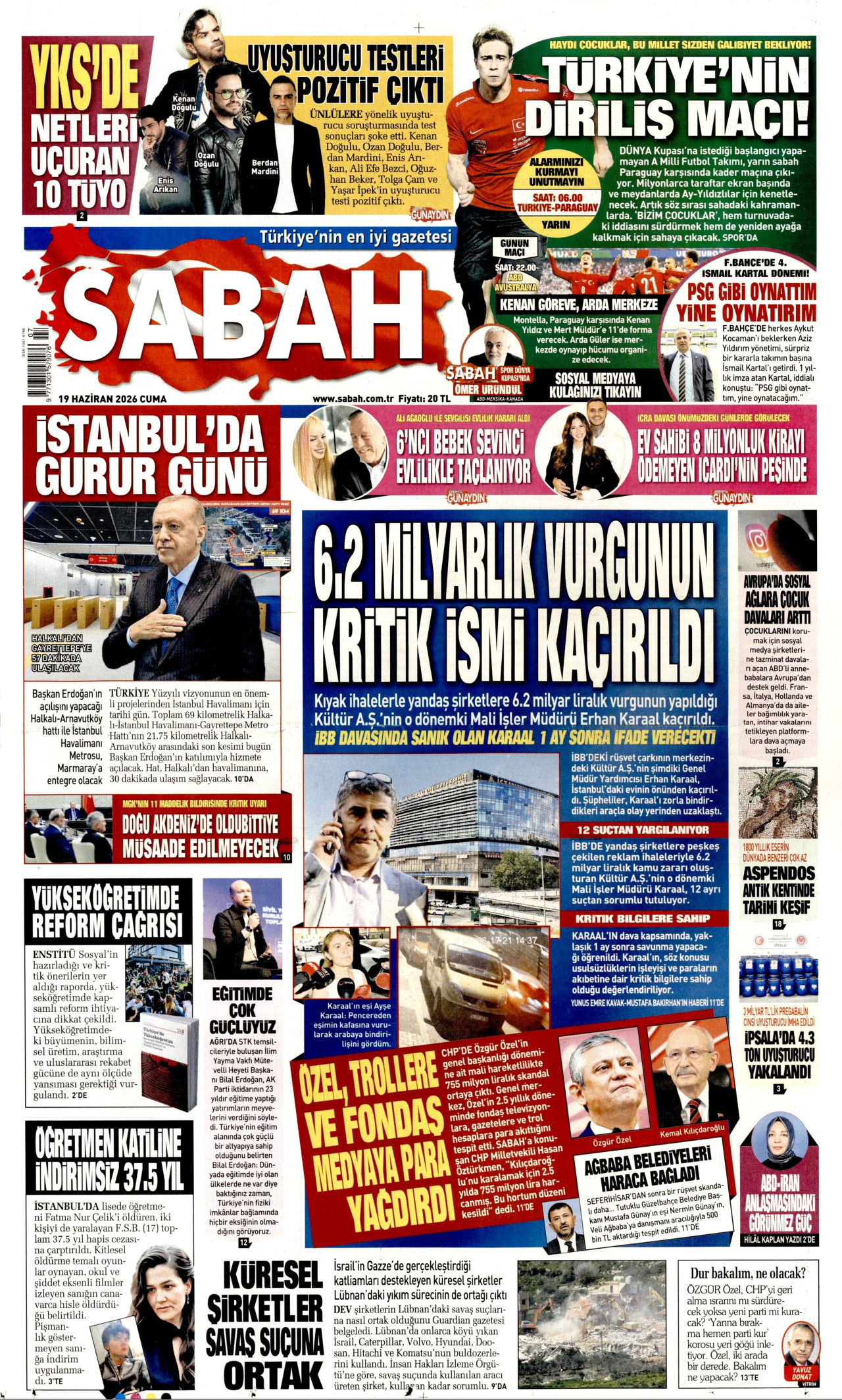 SABAH gazetesinin 19 Haziran 2026 tarihli birinci sayfası