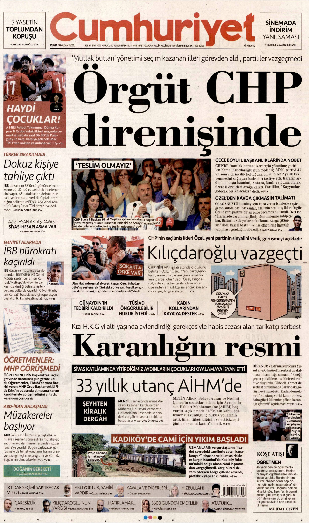 CUMHURİYET gazetesinin 19 Haziran 2026 tarihli birinci sayfası