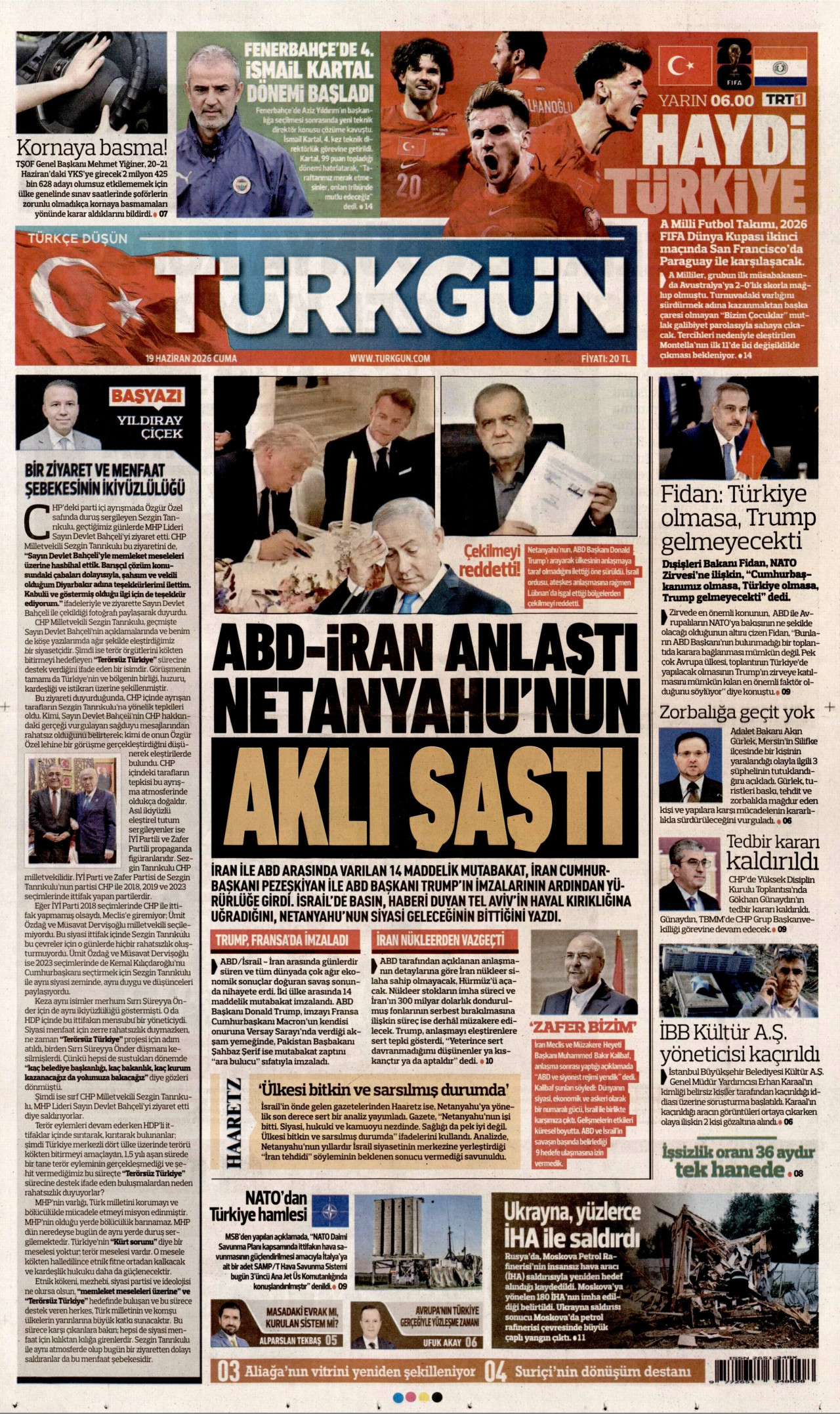 TÜRKGÜN gazetesinin 19 Haziran 2026 tarihli birinci sayfası