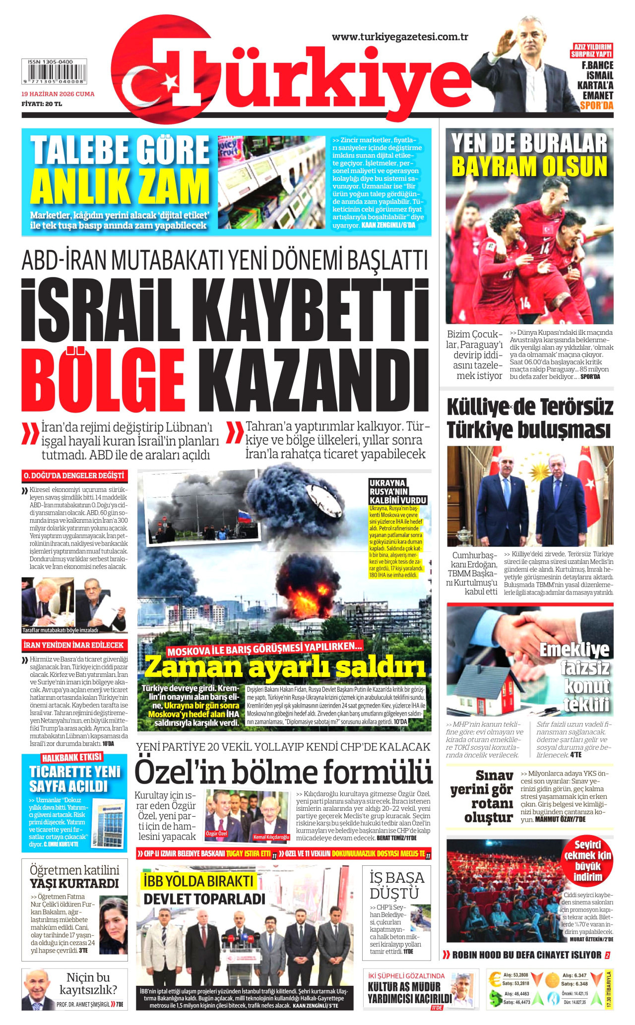 TÜRKİYE GAZETESİ gazetesinin 19 Haziran 2026 tarihli birinci sayfası