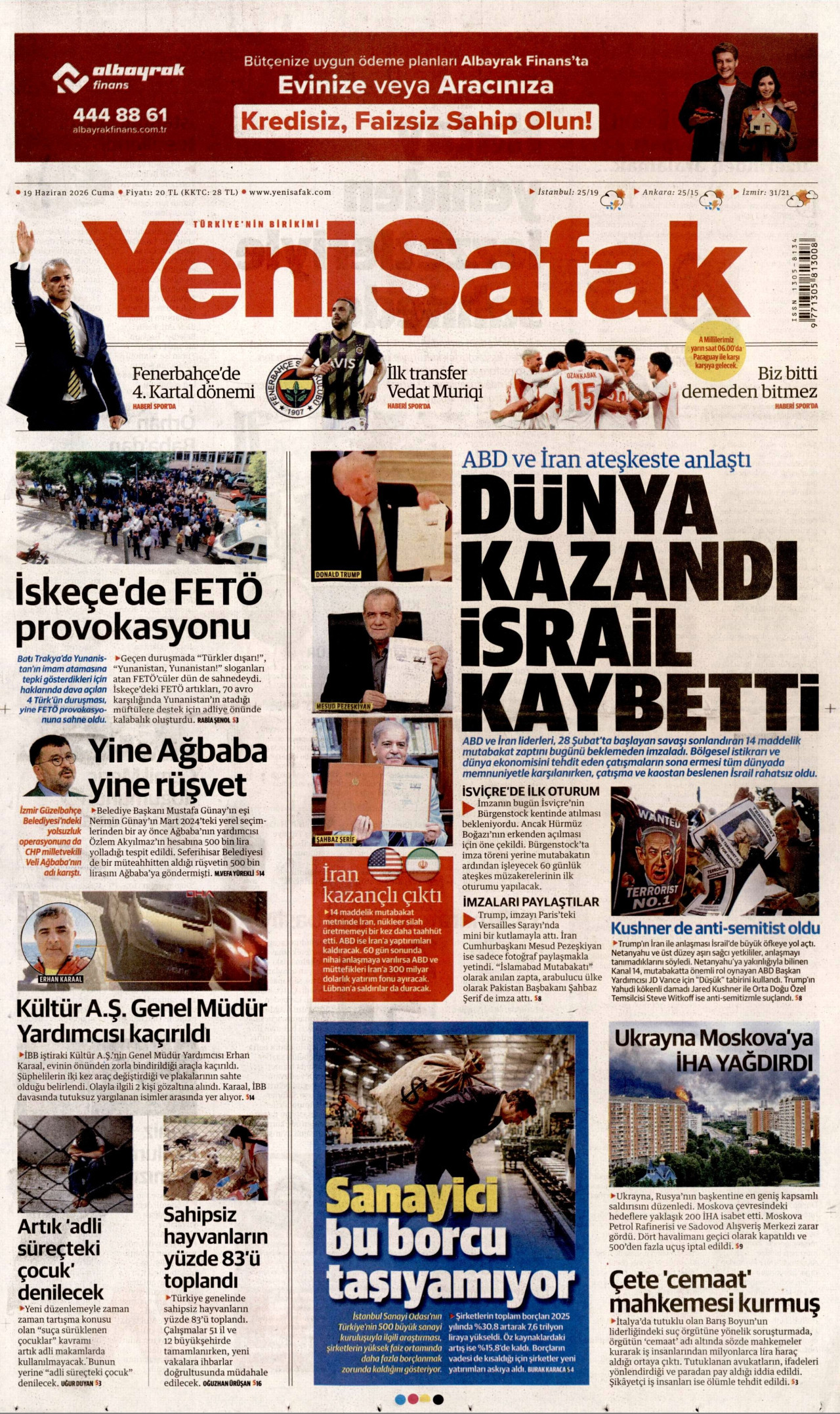 YENİ ŞAFAK gazetesinin 19 Haziran 2026 tarihli birinci sayfası