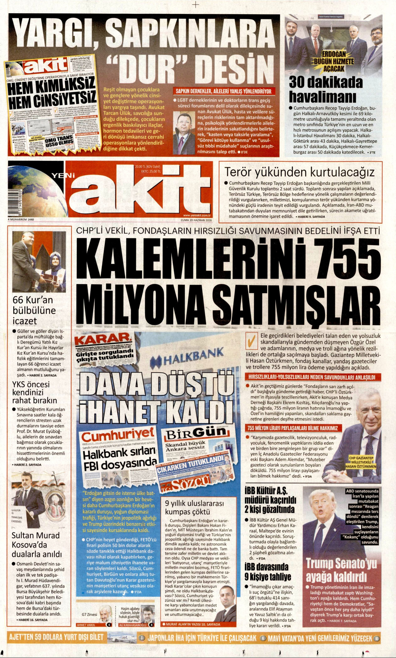 YENİ AKİT gazetesinin 19 Haziran 2026 tarihli birinci sayfası